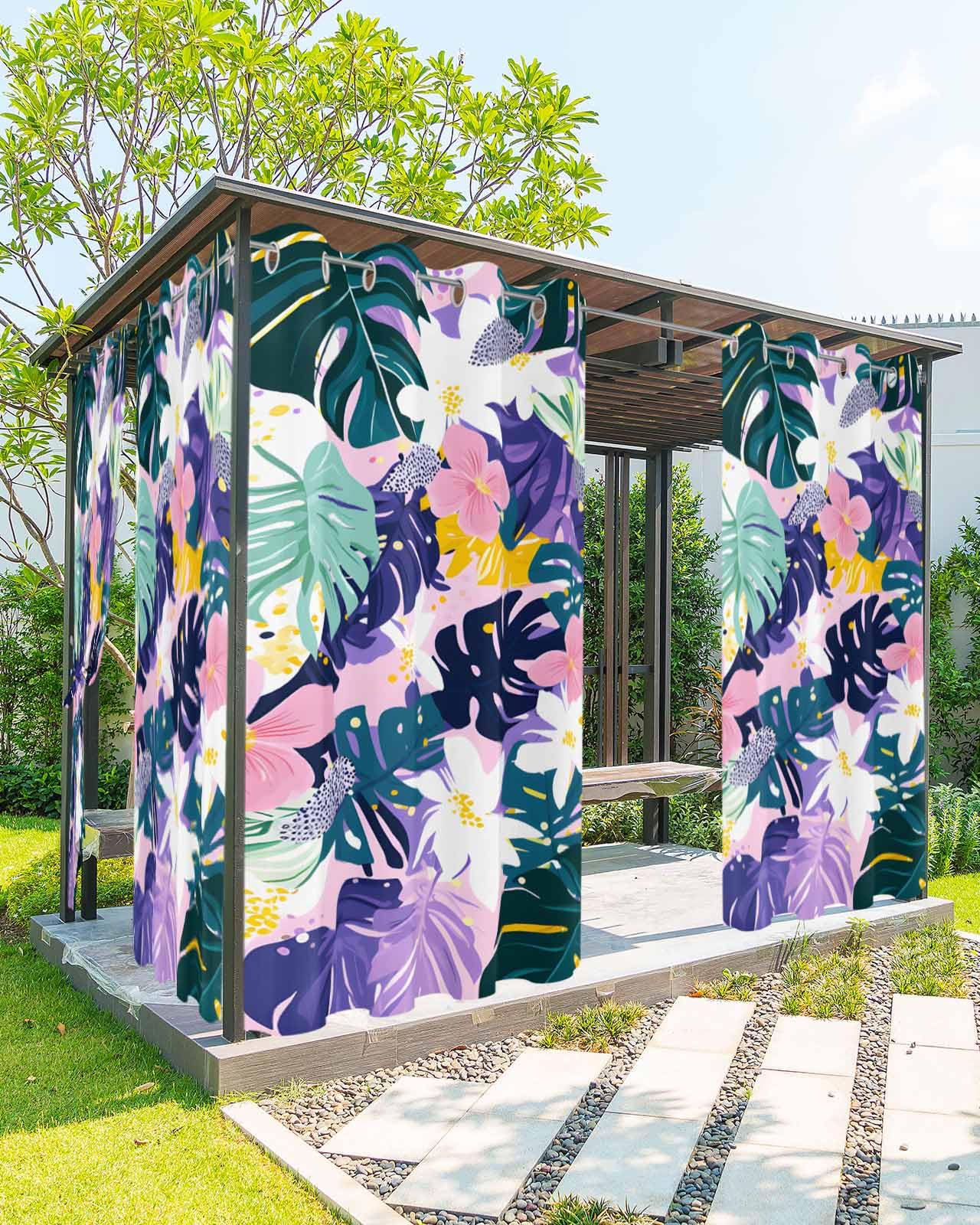 Waterproof Outdoor Curtains for Patio Porch, Abstract Tropical Leaves Floral Grommet Curtain Panel Windproof Outside Curtains Tieback, Summer Blossom Floral Weighted Window Treatment Drapes
