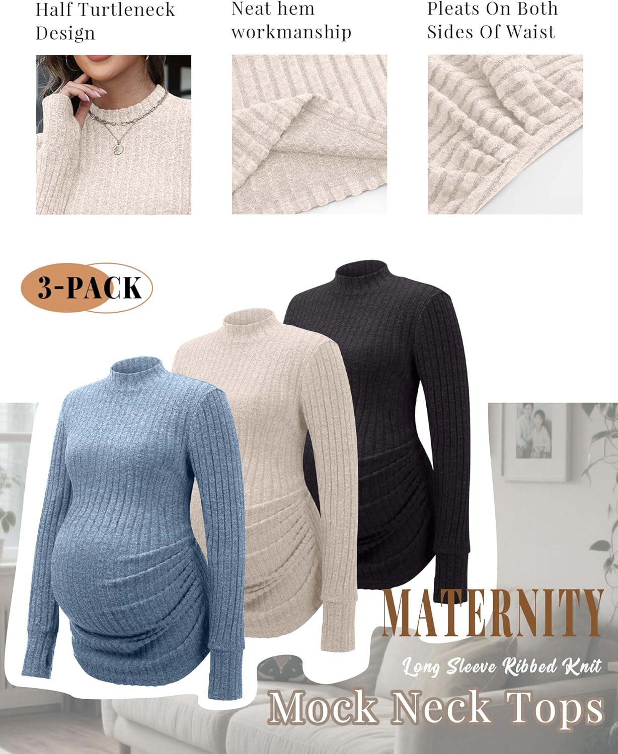 3 Pack Women's Maternity Shirts Mock Turtleneck Long Sleeve Ribbed Pregnancy Tops with Thumb Hole Mama Clothes - Image 3
