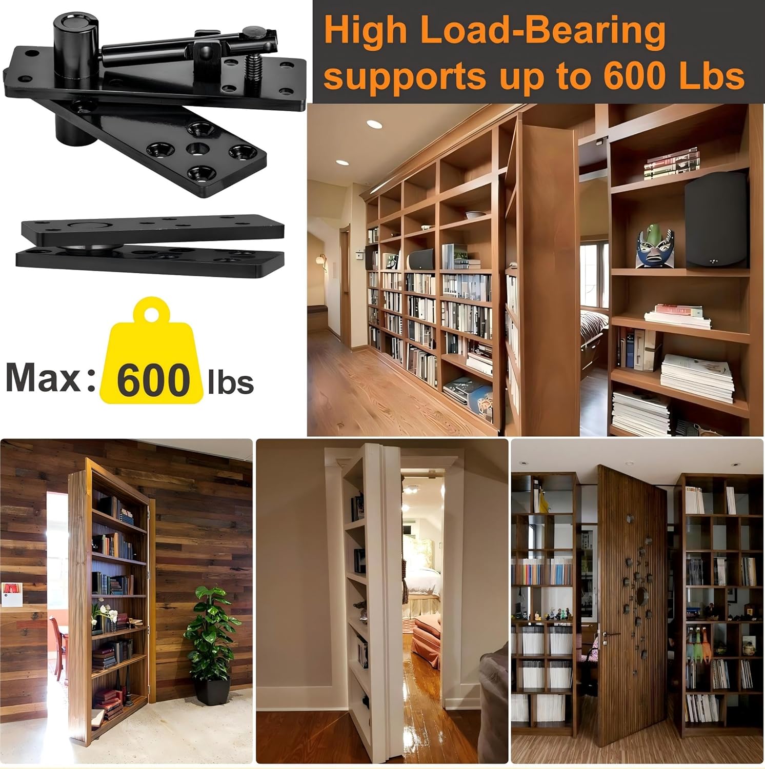 Hidden Door Hinge,360° Swinging Heavy Duty Pivot Hinges for Secret Bookcase/Hidden Doors, 600Lbs Load-Bearing Thickened Solid Steel with Hardware for Secret Door,Smooth Bearing Design