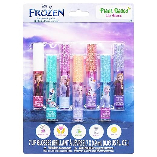 Brilho labial Disney Frozen 7 peças à base de plantas, lembrancinhas de festa para meninas, primeiro conjunto de maquiagem para meninas, perfeito para festas, festas do pijama e presentes de