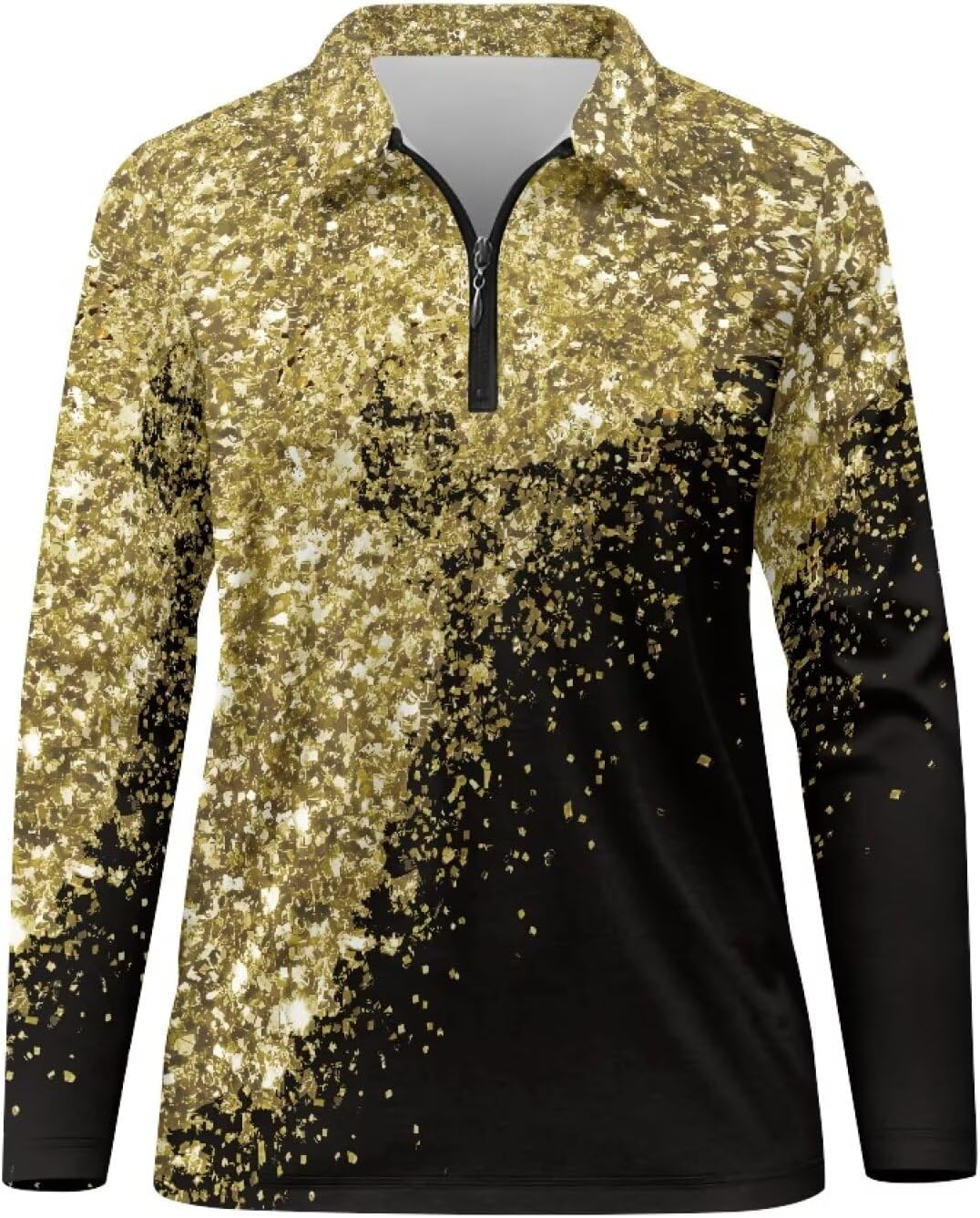 Boatee Gold Glitter Print Women Sport Cloth Golf Tennis Shirts Soft and Comfortable Quarter Zip with Collar Shirt Machine Washable for Golf,Tennis,Hiking,Running,Gym