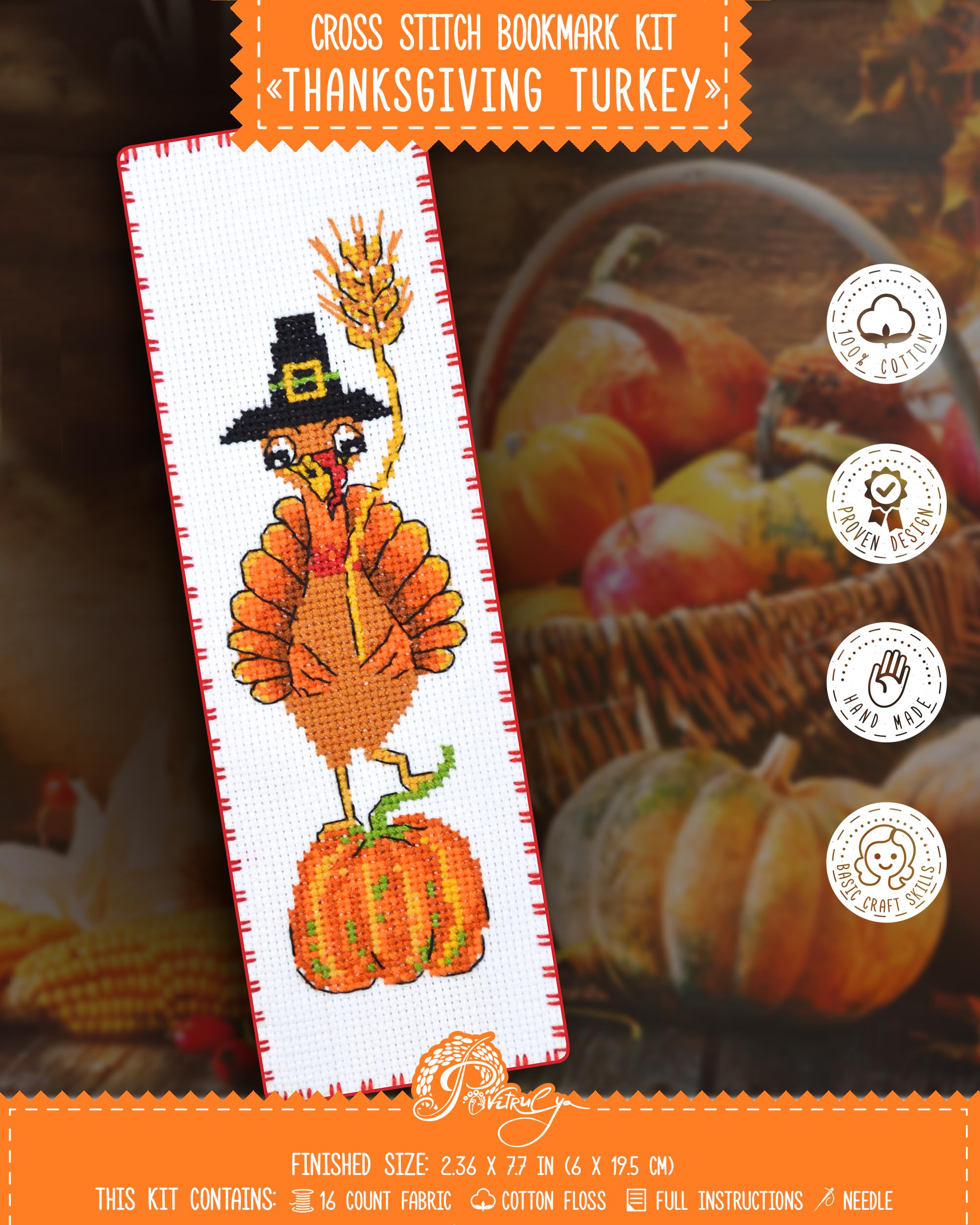 Povitrulya Thanksgiving Turkey Counted Cross Stitch Bookmark Kit - DIY Embroidery Set for Adults with Pumpkin and Pilgrim Hat Design