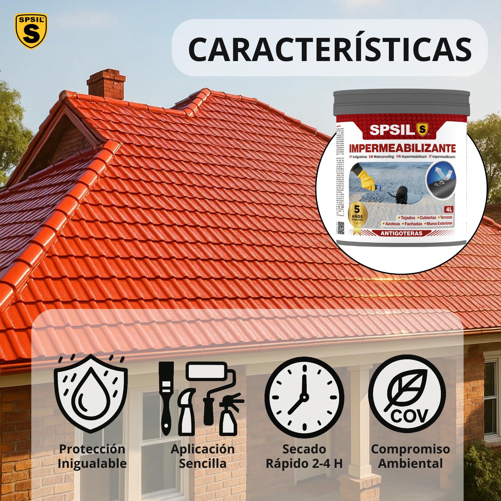 SPSIL Pintura Impermeabilizante Transparente - Previene las filtraciones de agua - Para Tejados, Cubiertas, Terrazas, Azoteas, Fachadas y Muros Exteriores (4 L) (Transparente, 4000 ml)