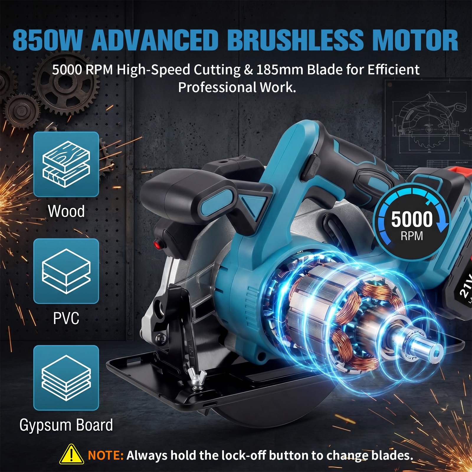 Akumulatorowa ręczna piła tarczowa 185 mm, kompatybilna z Makita 18 V – elektryczna piła tarczowa z wbudowaną prowadnicą laserową, silnik bezszczotkowy, 5000 obr./min, cięcie ukośne 0-45°, w zestawie
