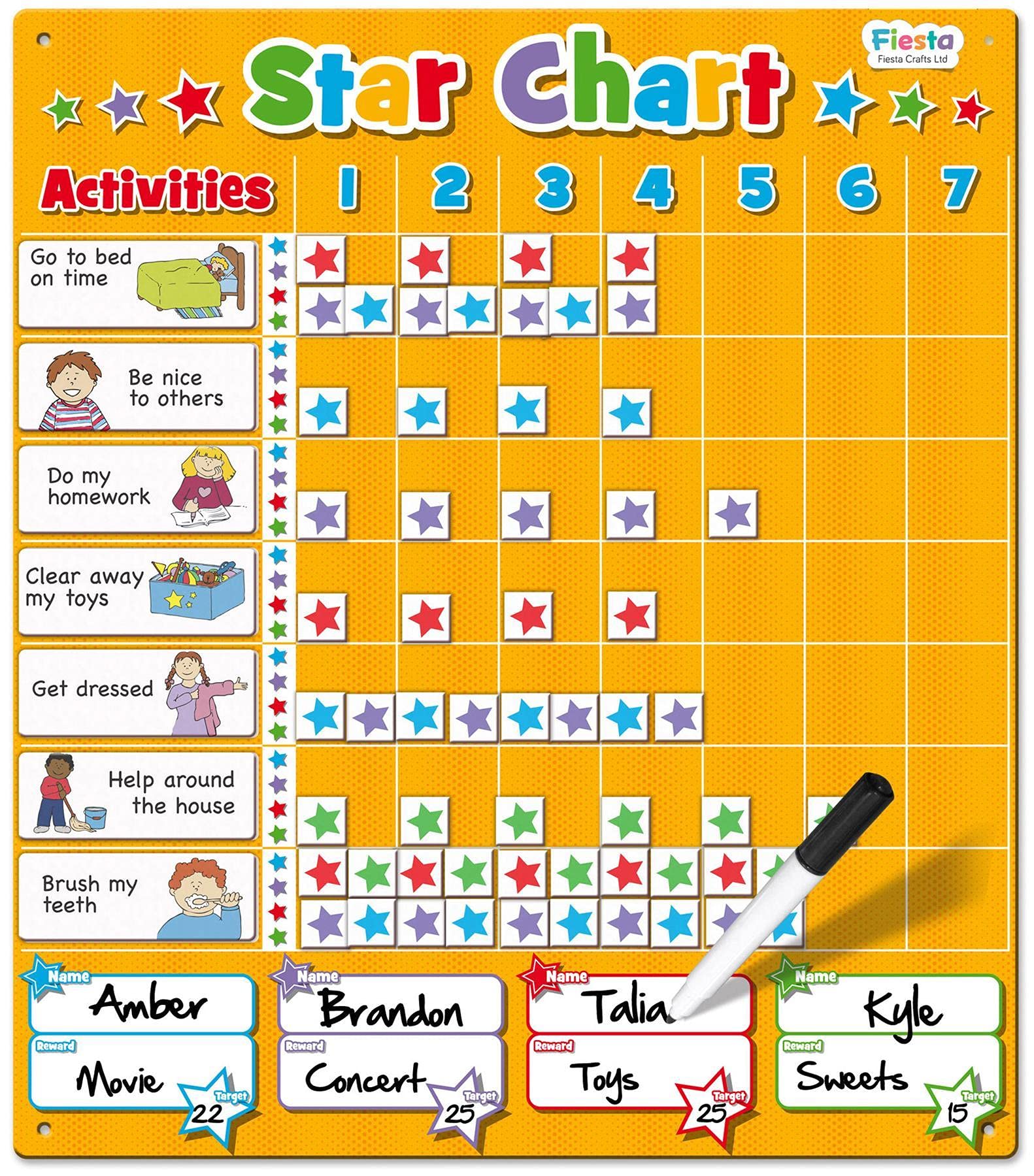 Multi child Reward Chart/Star Chart by Fiesta Crafts - Magnetic Chore Board for Kids & Toddlers - Colour-Coded For Each Child - Encourage Good Behaviour - Kids Behaviour Chart