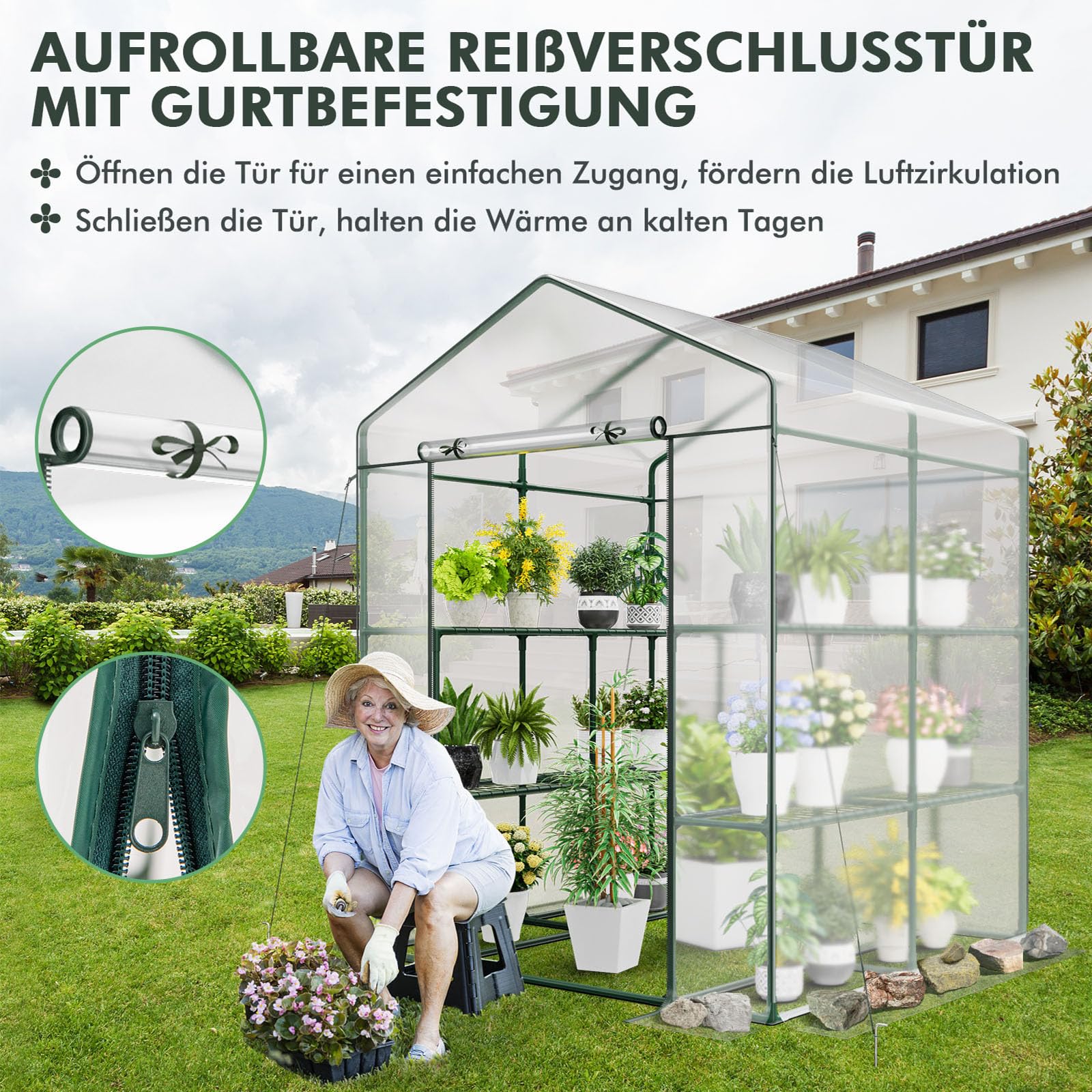 COSTWAY Gewächshaus, begehbares Foliengewächshaus mit 8 Regalen, Tomatenhaus mit PVC-Abdeckung & robustem Metallrahmen, Tomatengewächshaus für Tomaten, Gemüse, Pflanzen, 139 x 144 x 195 cm