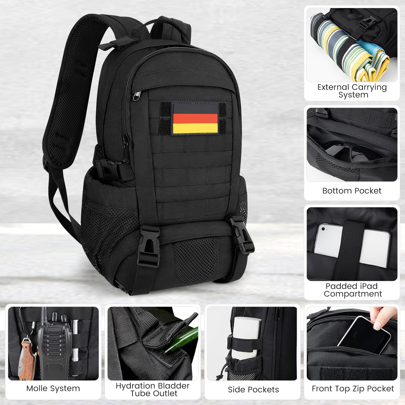 Petit sac à dos homme femme : mini sac à dos 10L avec système MOLLE noir