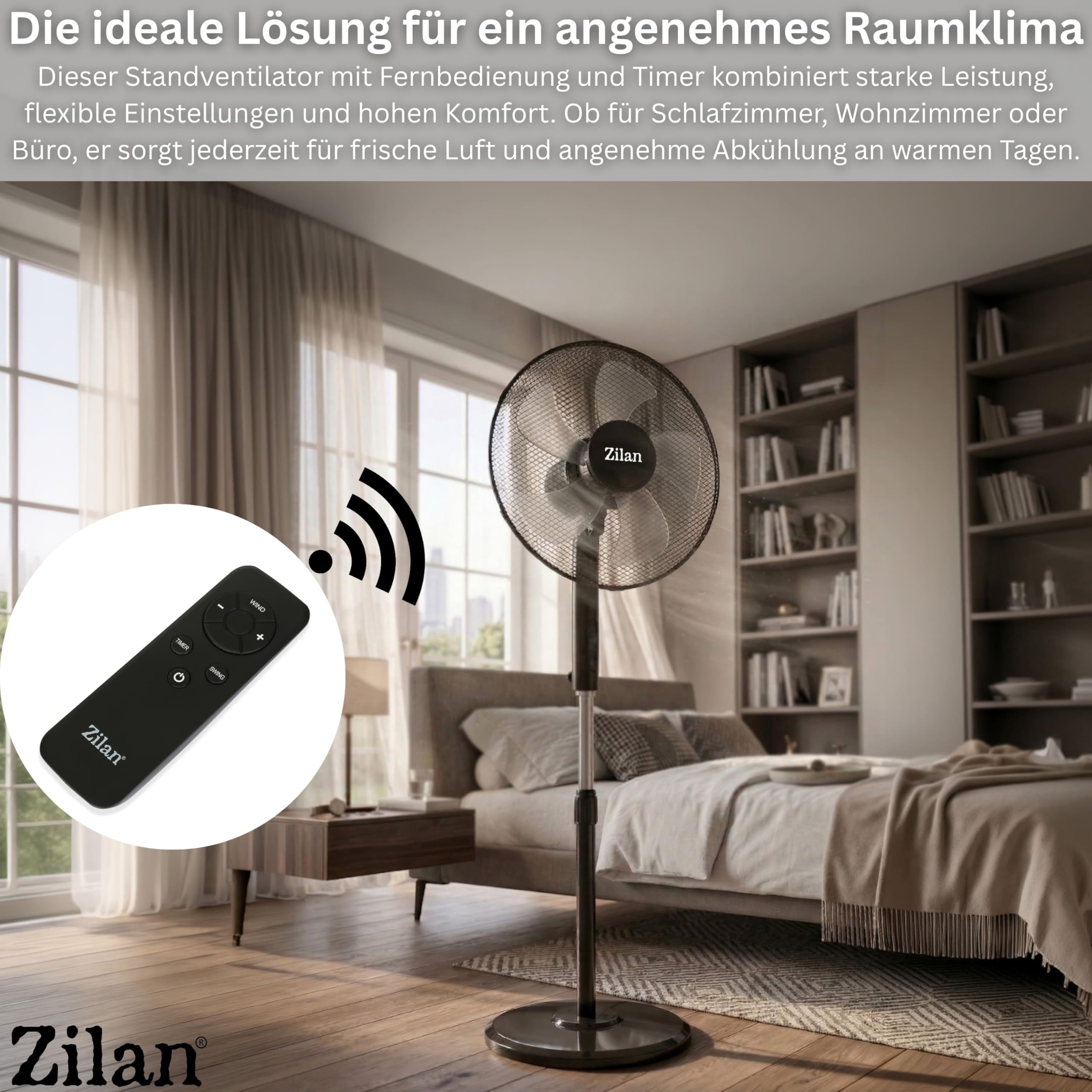 Zilan Standventilator 48W leise mit Fernbedienung Timer Ø43cm 3 Stufen Oszillation höhenverstellbar