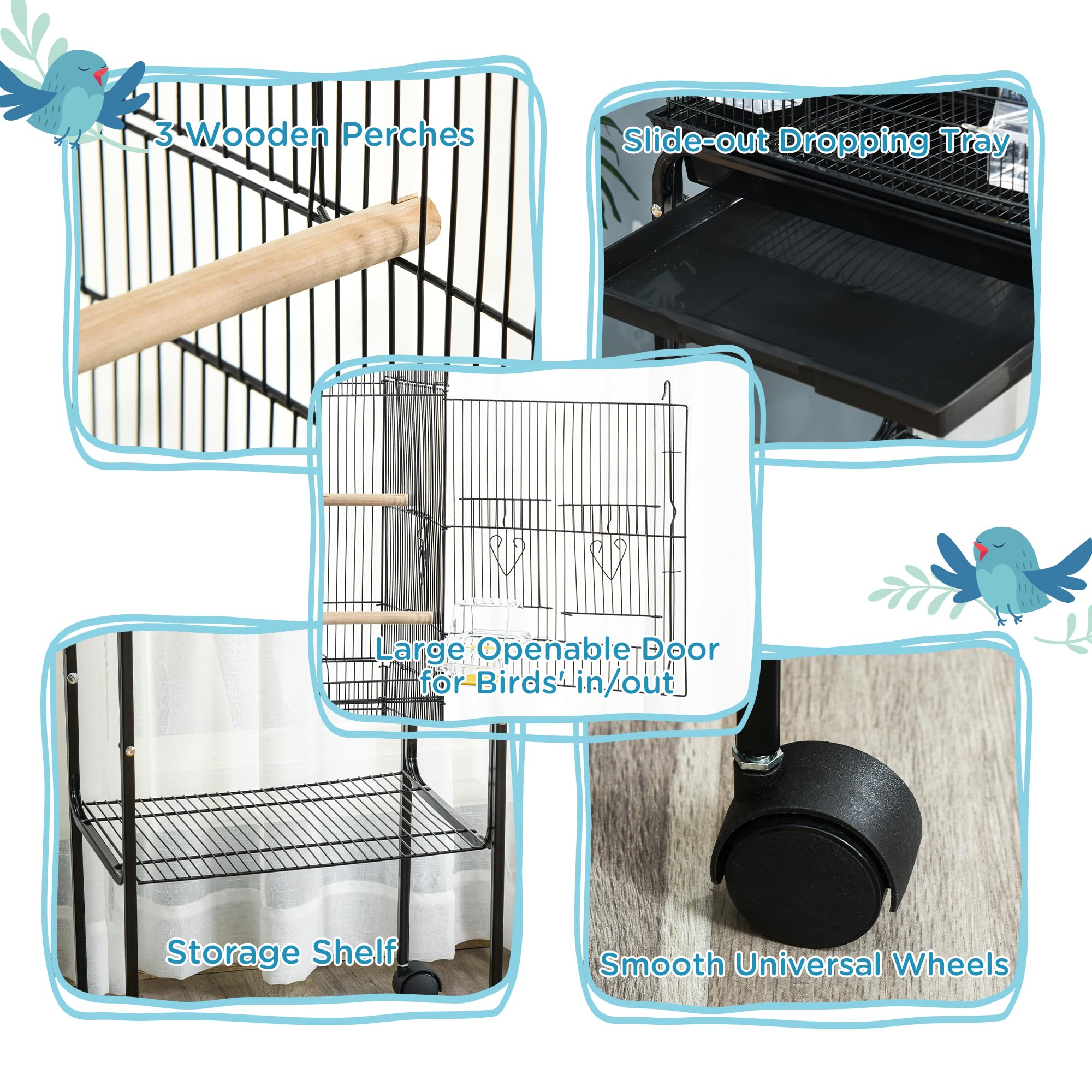 PawHut Jaula para pájaros para periquitos con ruedas de soporte, color negro, 46,5 x 36 x 124 cm | Jaulas para periquitos, para pinzón canario, bandeja deslizante, estante de almacenamiento de accesorios