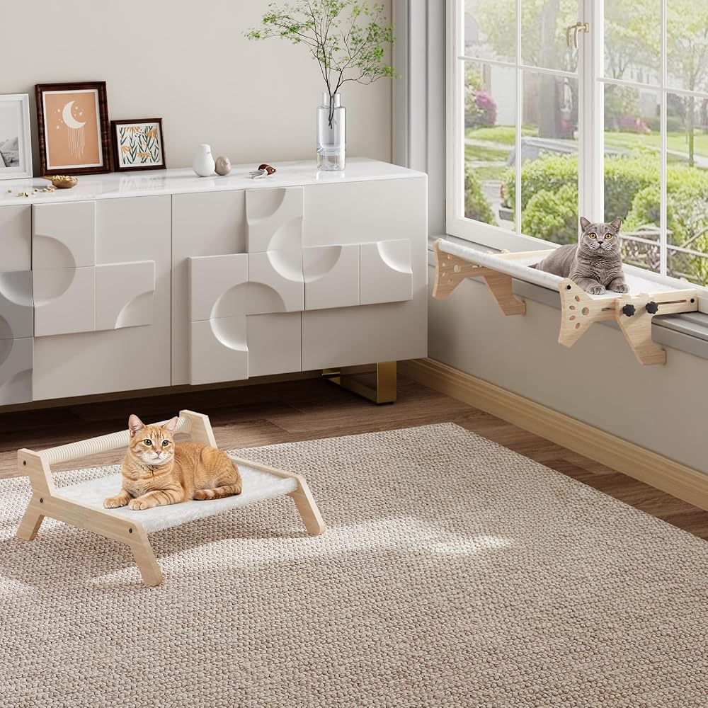 HOOBRO Cat Perch Set of 2 for Window Sill with Bolster, Window Hammock with Soft Plush, Hammock Seat for Indoor Use, Cat Beds for Window and Floor, Natural NL44CS03