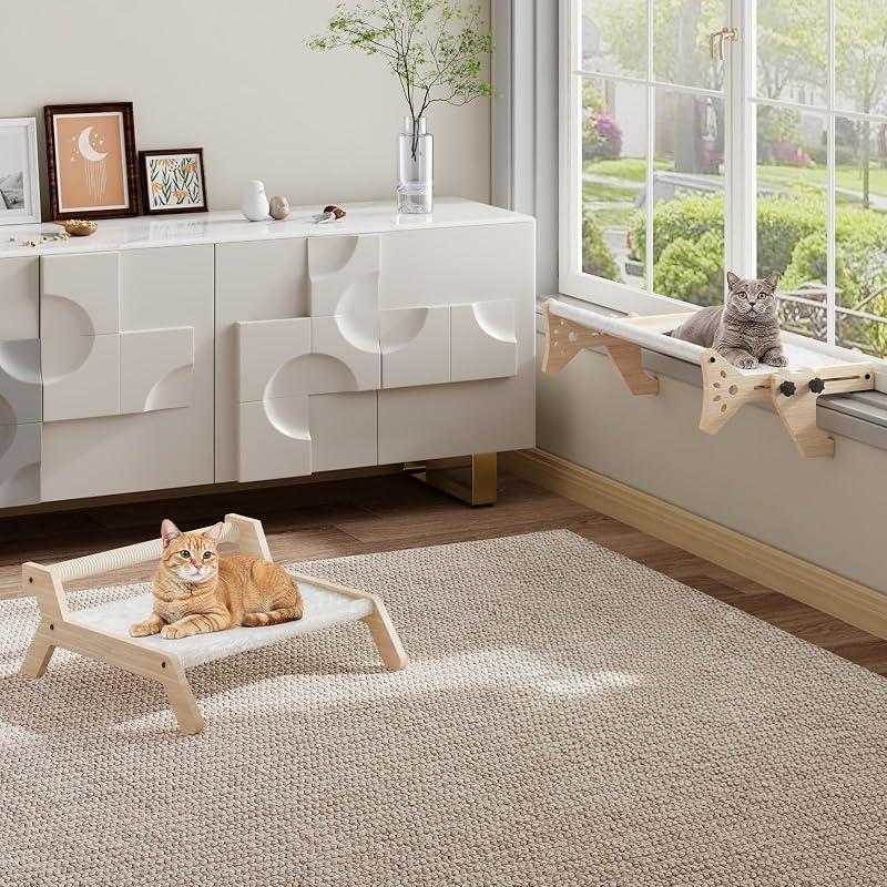 Cama de Janela para Gatos com Rede e Cama de Chão HOOBRO de Madeira e Pelúcia Natural NL44CS03, Conjunto com 2