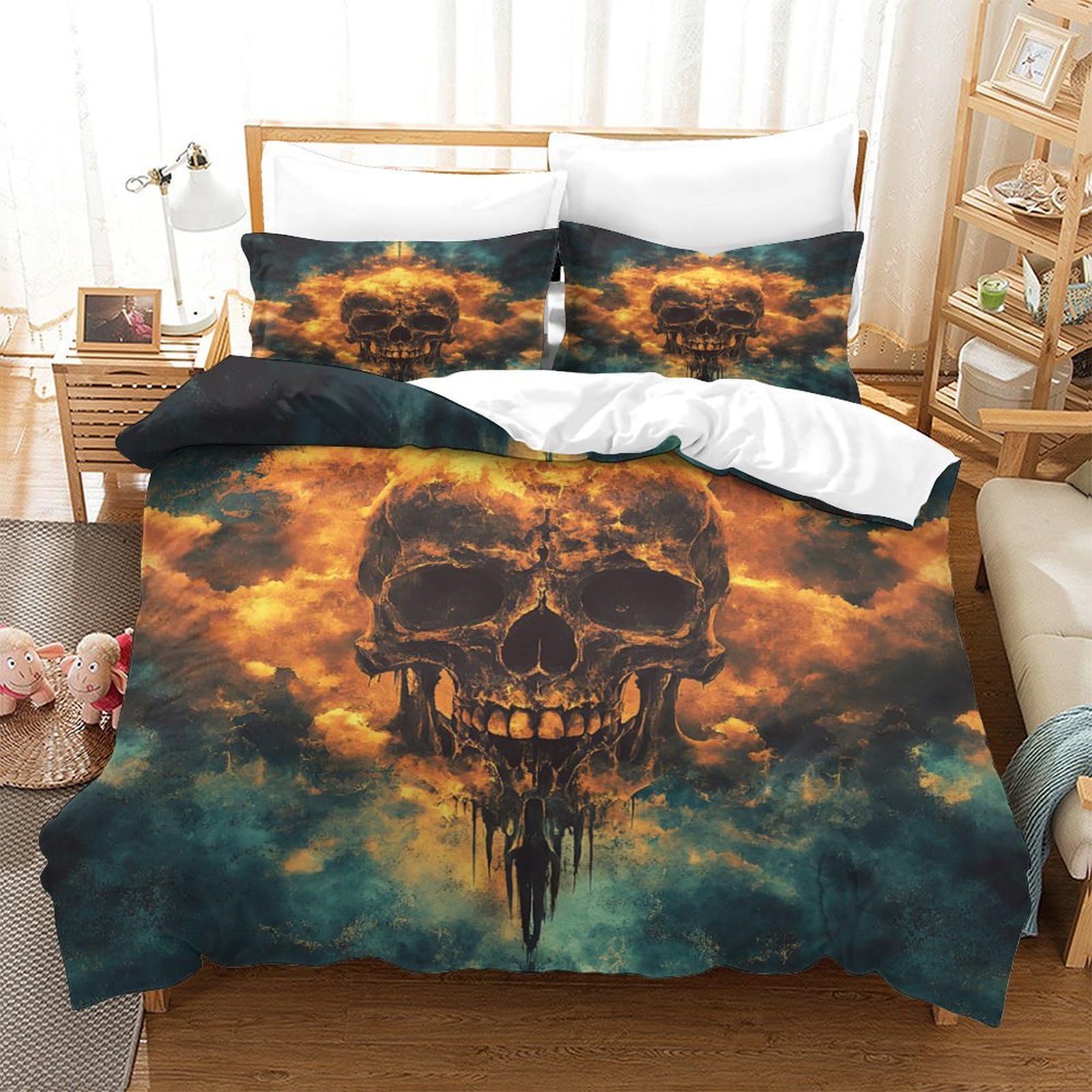 P1s9u7w5y Skull-4 3D Printed Flame Skull 3Pcs Duvet Cover Set Microfiber Gothic Bedding Set Double（200X200cm）