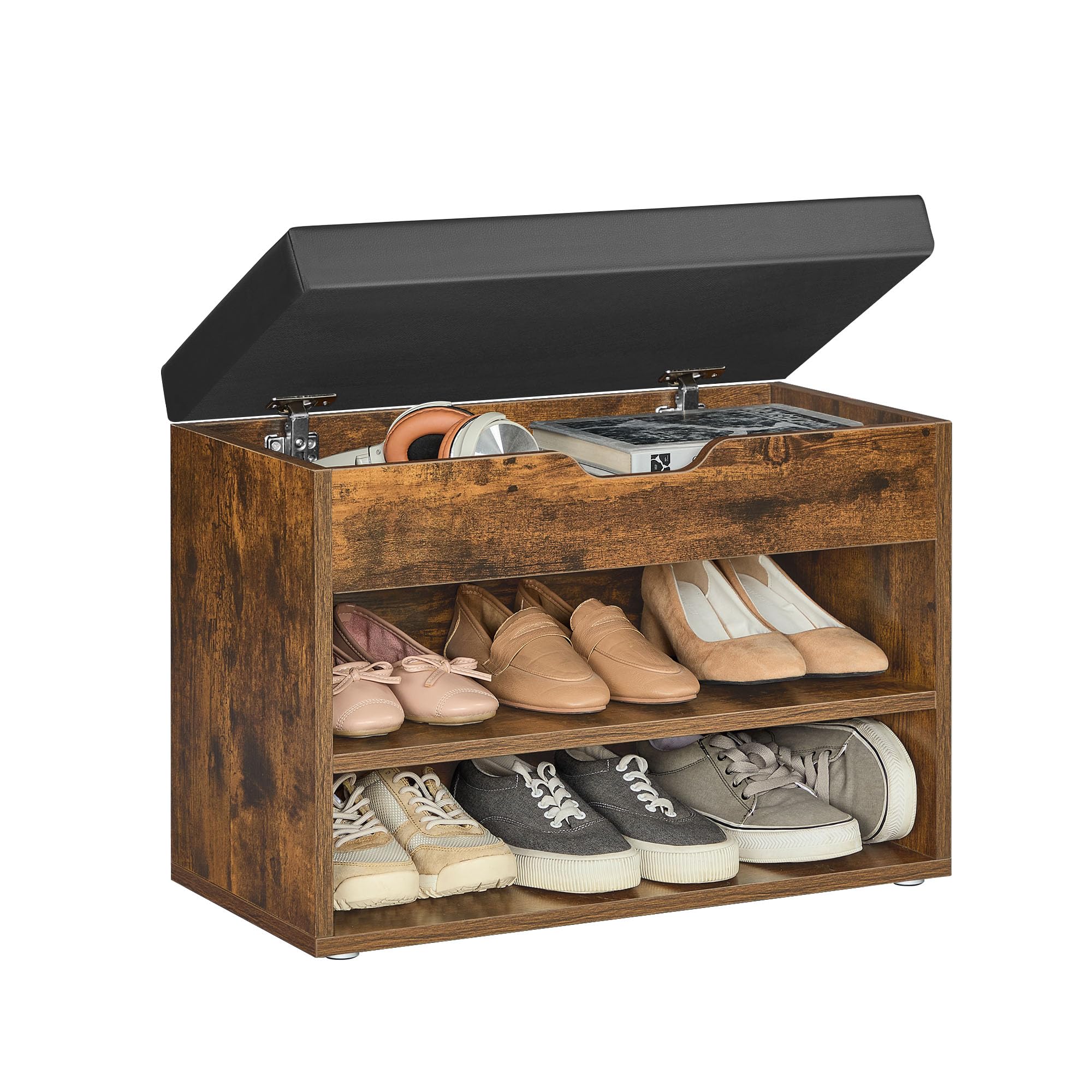 VASAGLE Shoe Bench with Cushion, Storage Bench with Padded Seat, Hallway Bench with 3 Compartments, 30 x 60 x 44 cm, for Bedroom, Living Room, Rustic Brown LHS020K05