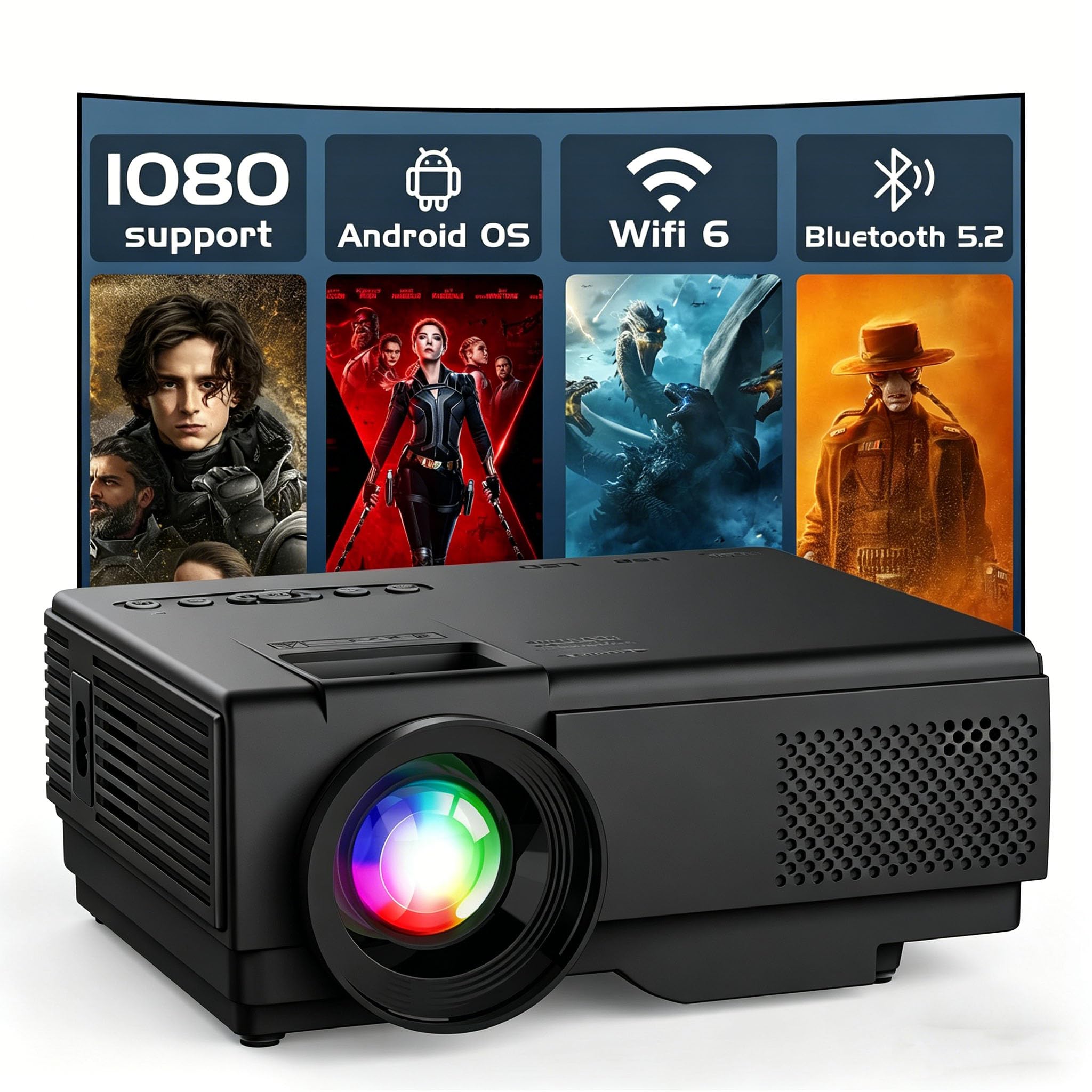 AKATUO Mini Projecteur Full HD 1080P Portable, Bluetooth, Écran 200", Home Cinéma, Extérieur