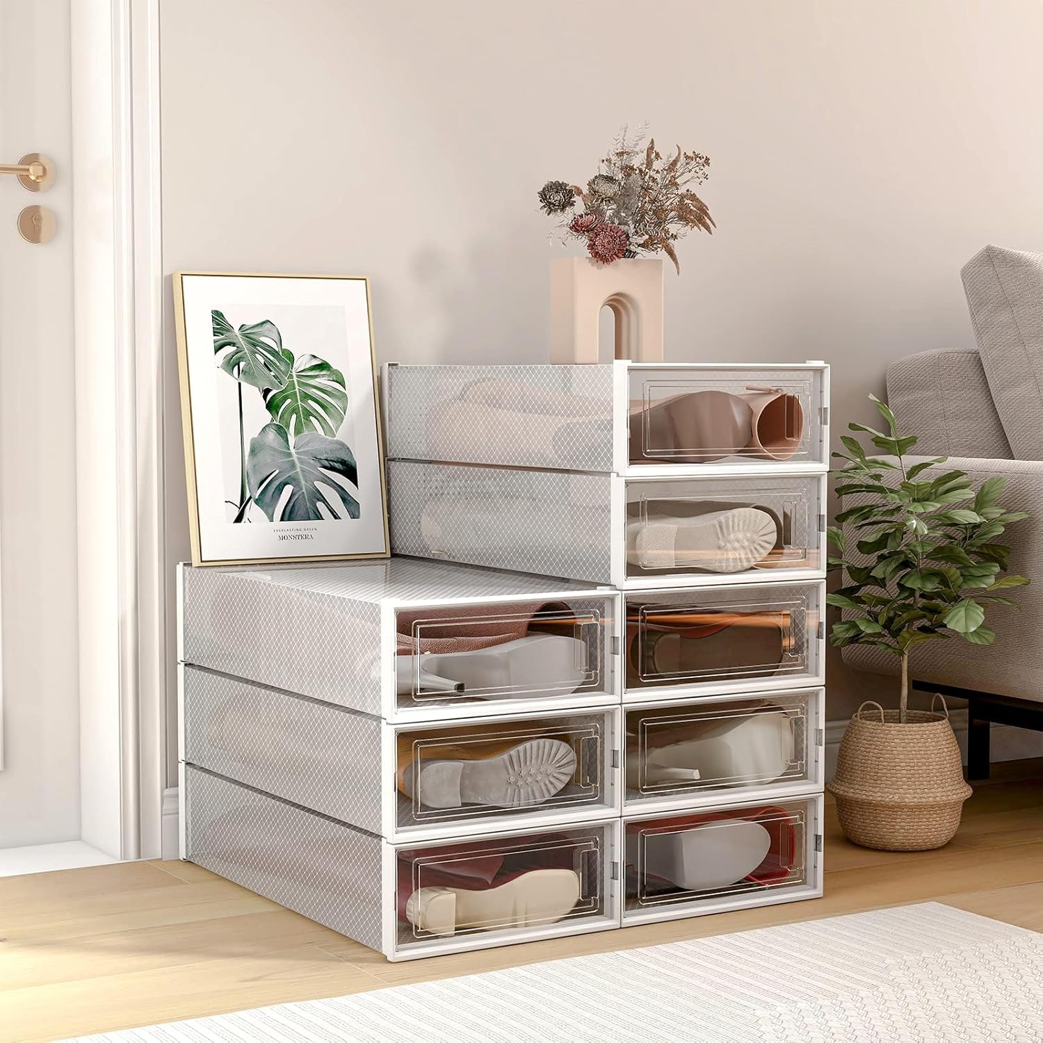 PARANTA 8-Piece Extra Large Boot and Shoe Storage Boxes, Stackable Clear Plastic Shoe Organizer, Space-Saving Shoe Boxes for Boots, Sneakers, and High Heels, Clear Clear Extra Large 8pcs