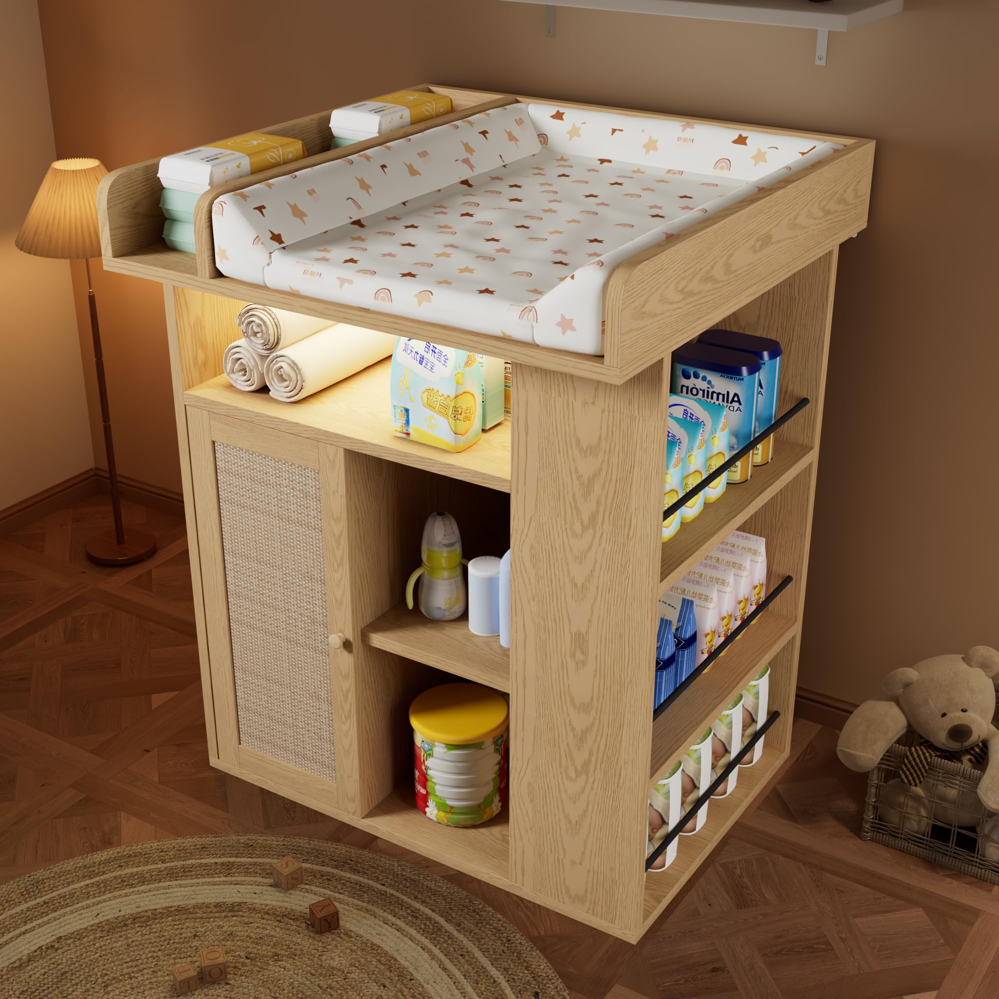 Cambiador de madera natural, gran espacio de almacenamiento, almacenamiento lateral, cambiador con divisor