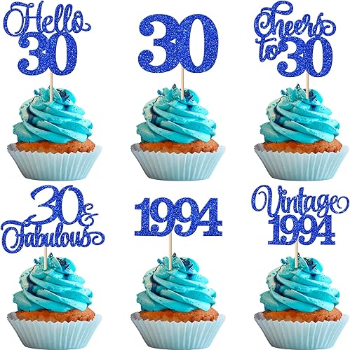 Rsstarxi Paquete de 24 adornos para cupcakes de 30 cumpleaños con purpurina de treinta y 30 fabulosos palillos vintage de 1994 para cupcakes,