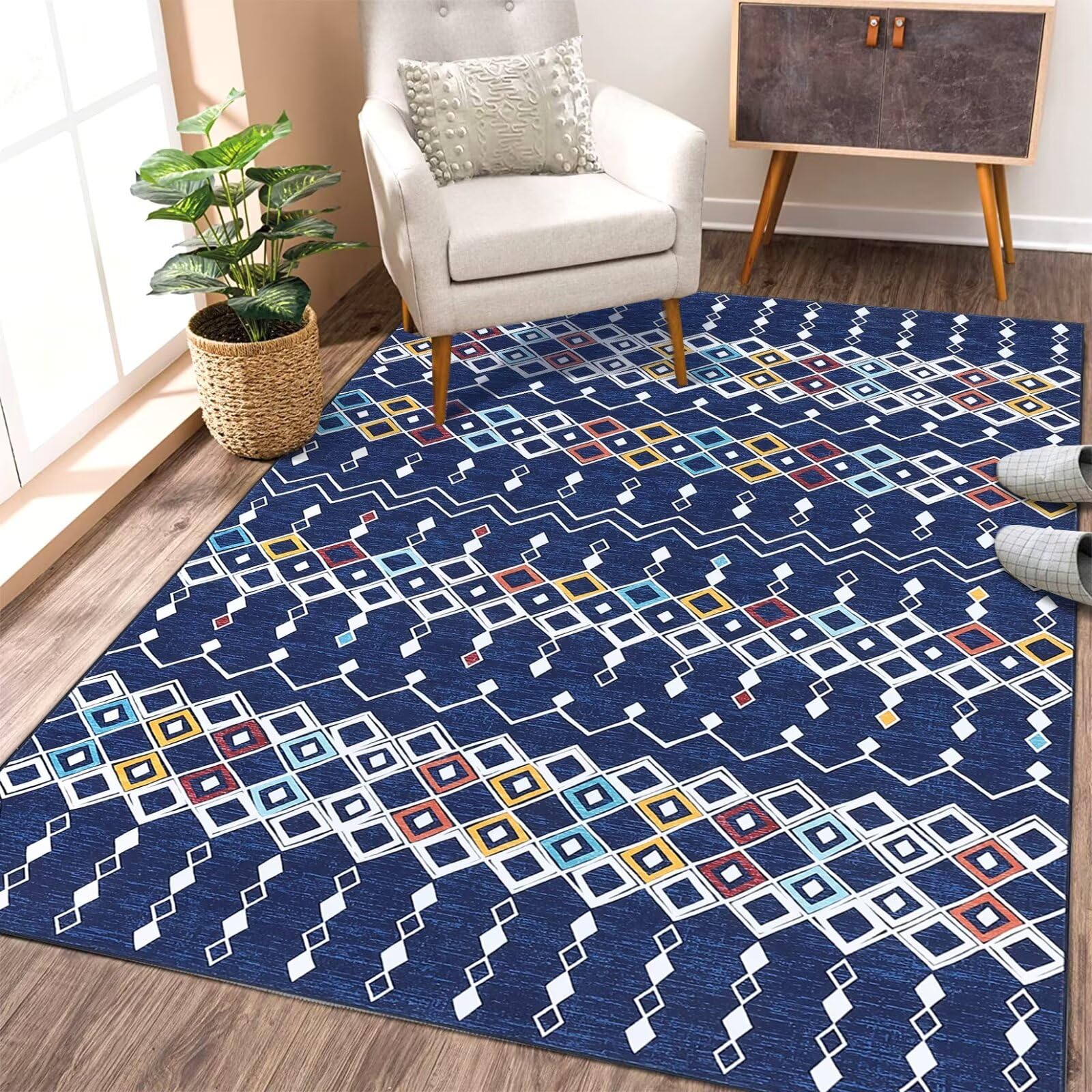 WESTLOOM Area Rug 9x12 Boho Vintage Diamond Indoor Area Rug Washable Rug Soft Vintage Geometric Floor Cover Indoor Non Slip Backing Throw Carpet