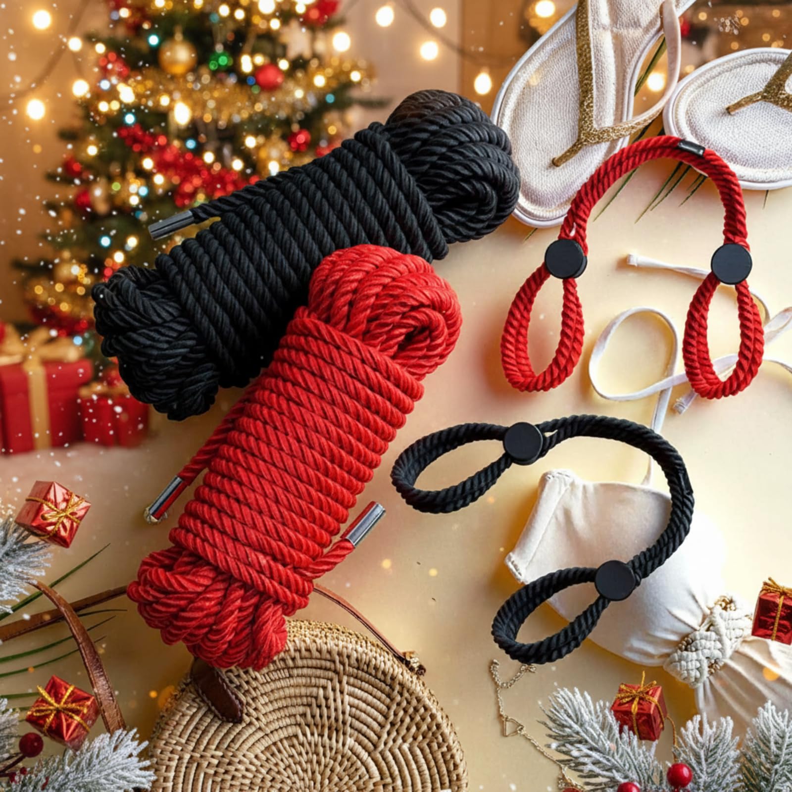 Tisancy 4 Pcs Multifunctional Craft Cord Kit with 2 Soft Silk Macrame Cords and 2 Adjustable Nylon Bracelets, 32.81 ft Twisted Trim Cord for DIY Crafts and Home Decoration(): Black, Red