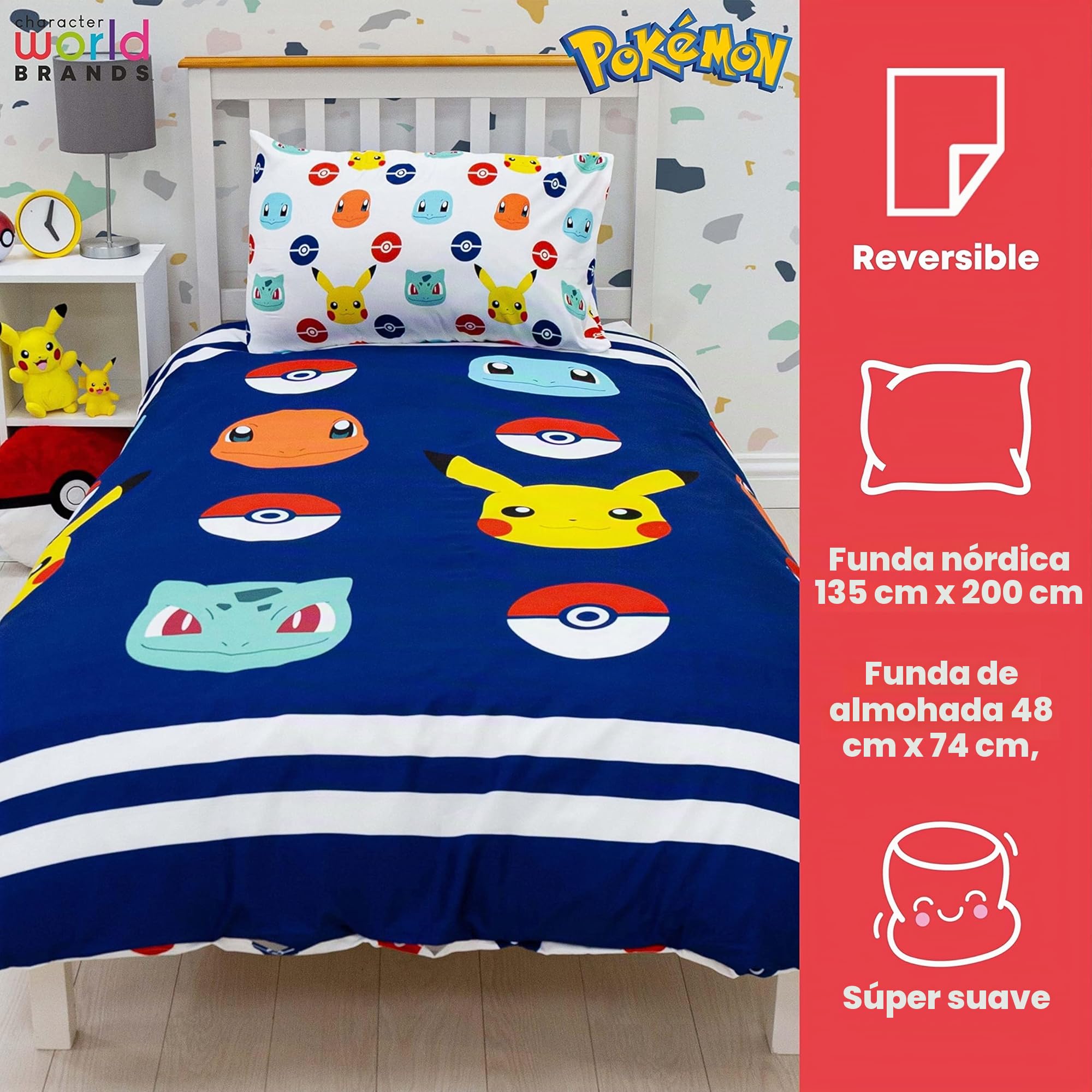 Juego de Funda de edredón con Licencia Oficial de Pokemon, Juego de Cama Reversible de 2 Caras con Funda de Almohada a Juego, Juego de Cama Individual de Character World Brands