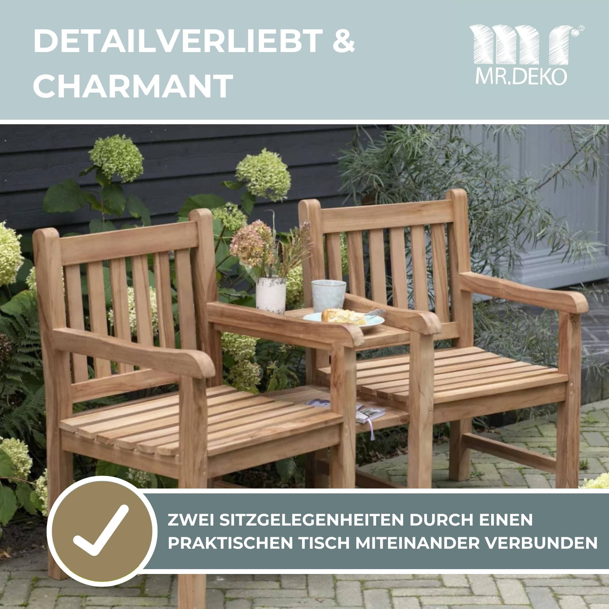 MR. DEKO Gartenbank wetterfest Feierabendbank 160cm Sitzbank Teak Holz | teilbar 2 Sessel + Ablagetisch