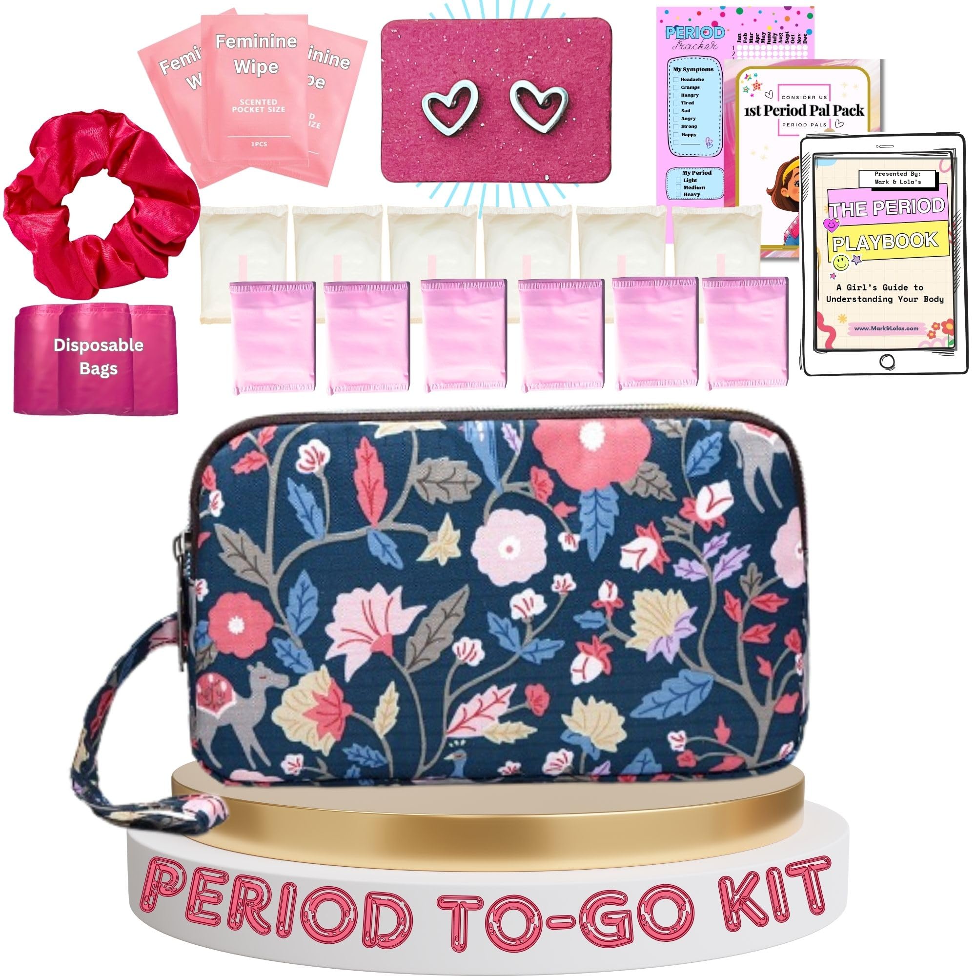 First Period Pal Pack to-Go Kit | 24 pcs | First Period Kit for Tweens | Teen Period Kit| Discrete Period Bag, Pads, Panty Liners, Period Kits for Tweens 10-12 (Florets)