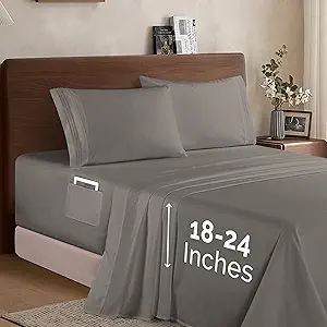 Elegant Comfort Luxury 1500 Premium Hotel Quality Microfiber 4-Piece Sheet Set - Soft, All Around Elastic 18-24 Inches Deep Fitted Sheet - Extra Deep Pocket Sheets, Twin/Twin XL, Grey
