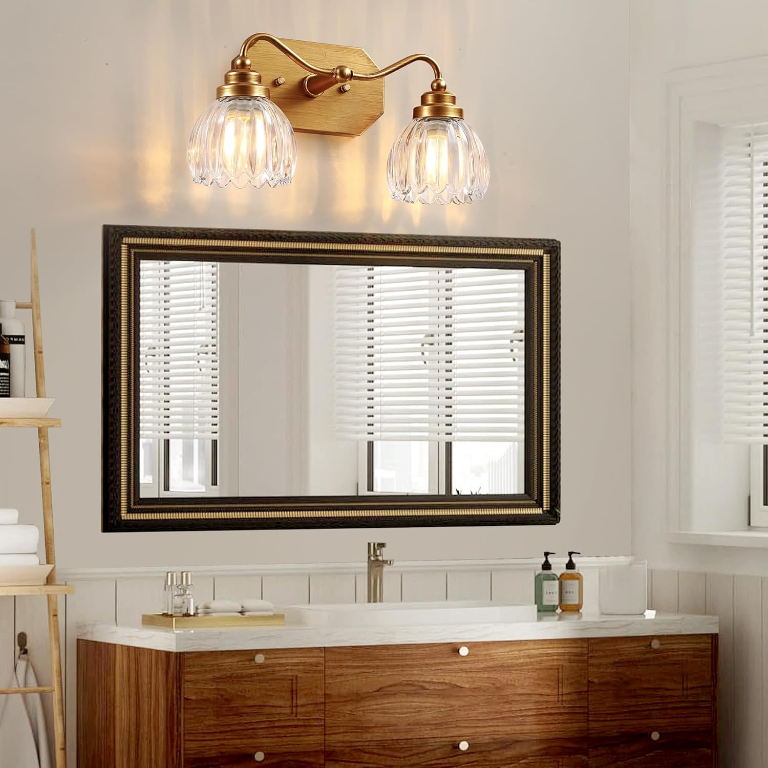 Vintage Bathroom Light Fixtures, 2 Light Gold Bathroom Vanity Light, Matte Antique Brass Finish with Crystal Glass Shade, Wall Sconces Lighting for Bedroom, Living Room, Hallway
