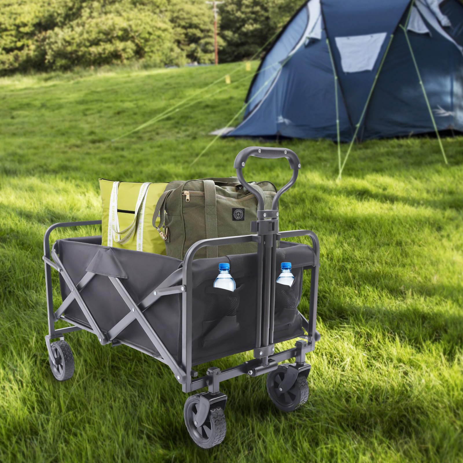 Chariot de jardin pliable, capacité de 80 kg, chariot de pique-nique et de camping, chariot avec porte-gobelet, brouette pliable avec poignée réglable