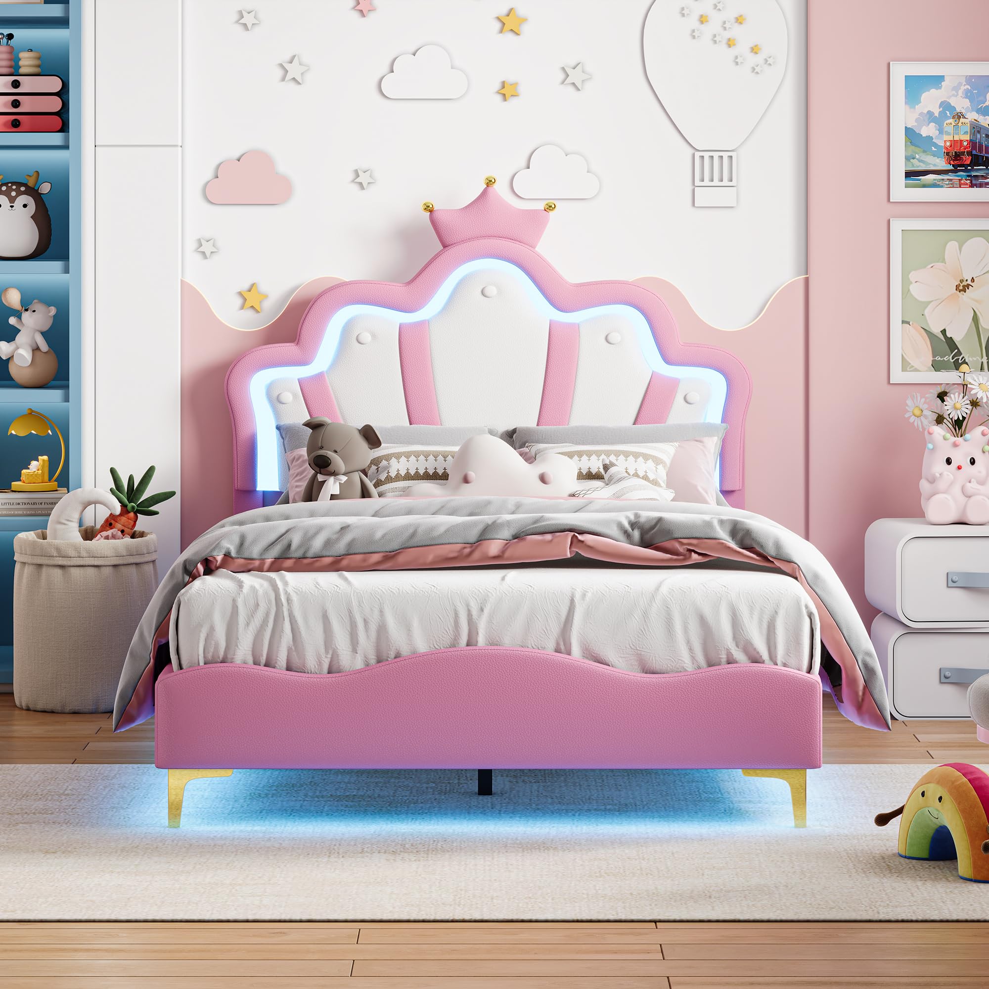 Lit Enfant 140x190 en Forme de Couronne Princesse, Lit avec LED et Tête de Lits Réglable, Cadre Lits 1 Place en Nuages pour Ado, Rose PU