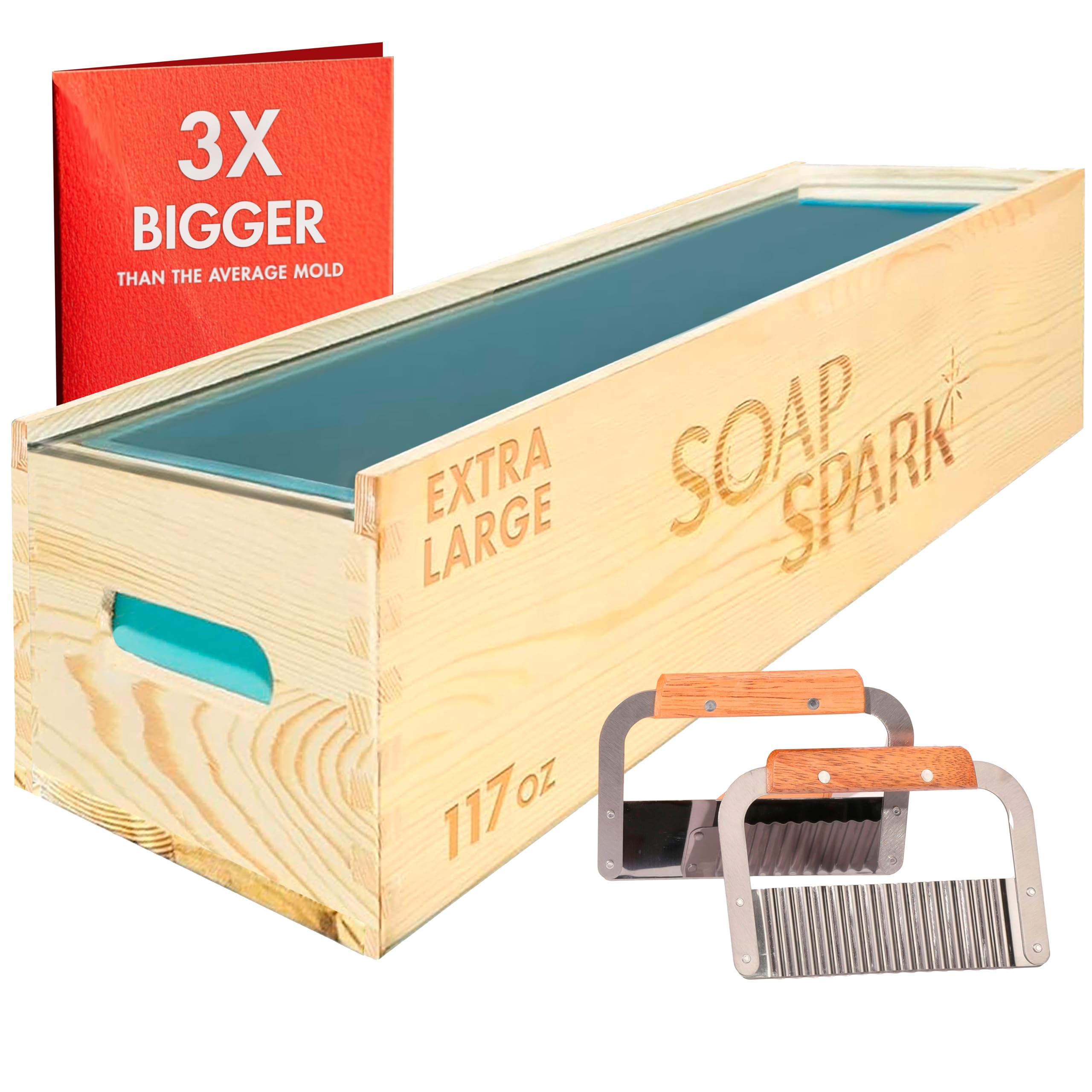 Soap Spark Premium Soap Making Kit for Adults | Large Flexible Silicone Soap Molds for Soap Making - 7.6 lbs Wooden Rectangle Soap Loaf Mold with Thick Glass Lid and Durable Stainless Steel Cutters