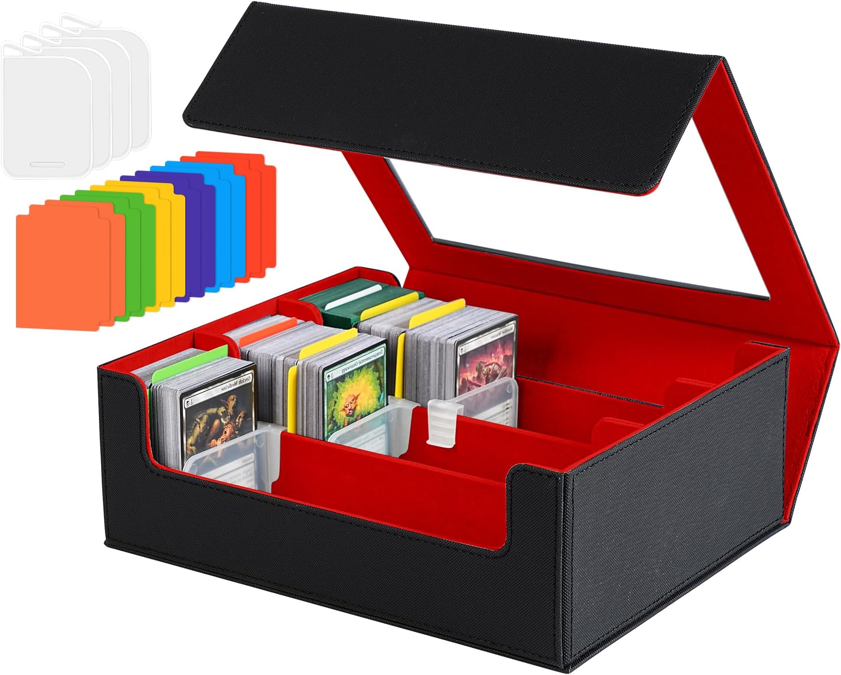Trading Card Storage Box - 2400+ Commander Card Deck Case with See-through Display Top for Magic the Gathering TCG YuGiOh, TCG MTG PTCG Box with 12 Dividers 4 Supporters, Black and Red
