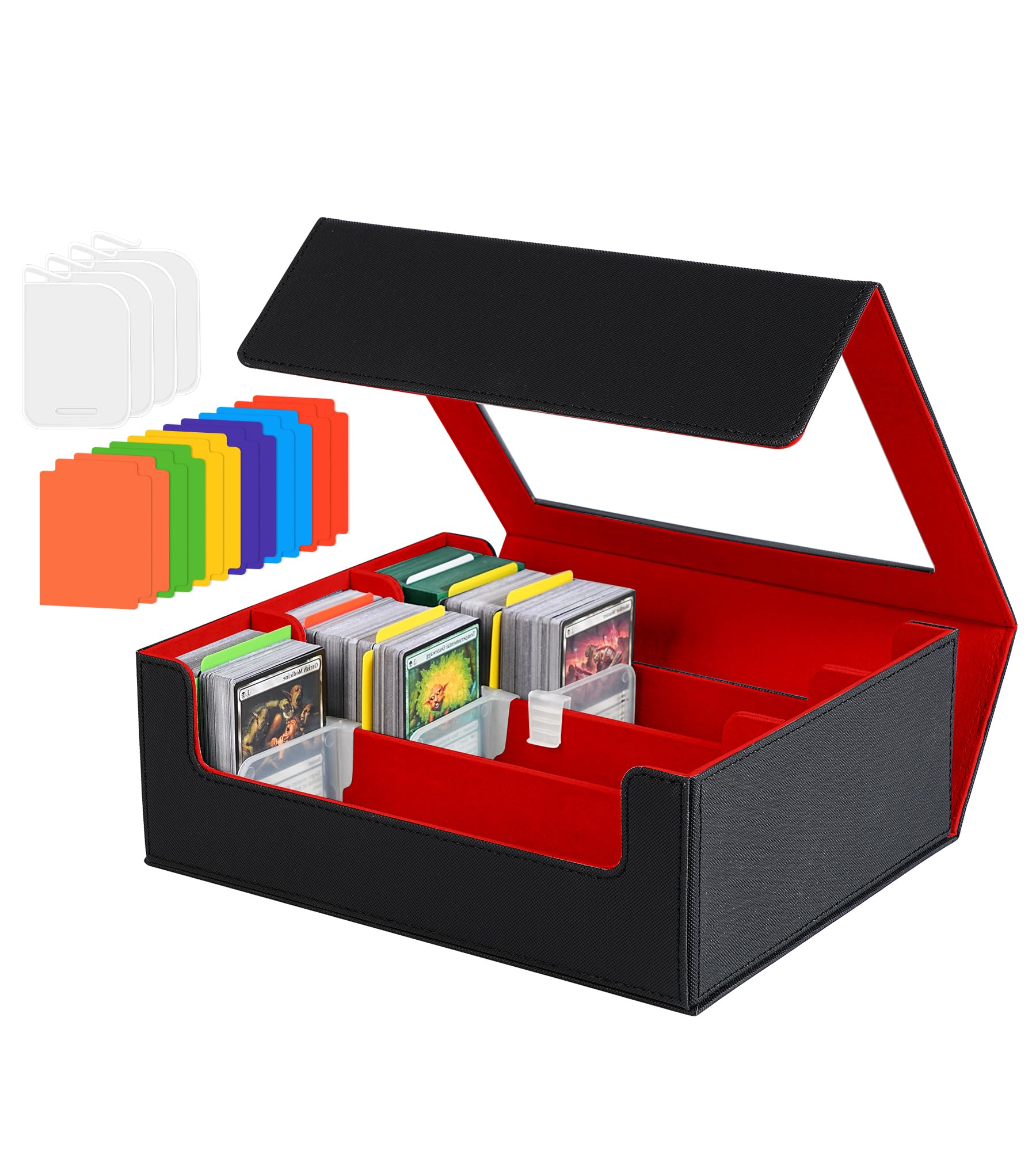 Trading Card Storage Box - 2400+ Commander Card Deck Case with See-through Display Top for Magic the Gathering TCG YuGiOh, TCG MTG PTCG Box with 12 Dividers 4 Supporters, Black and Red