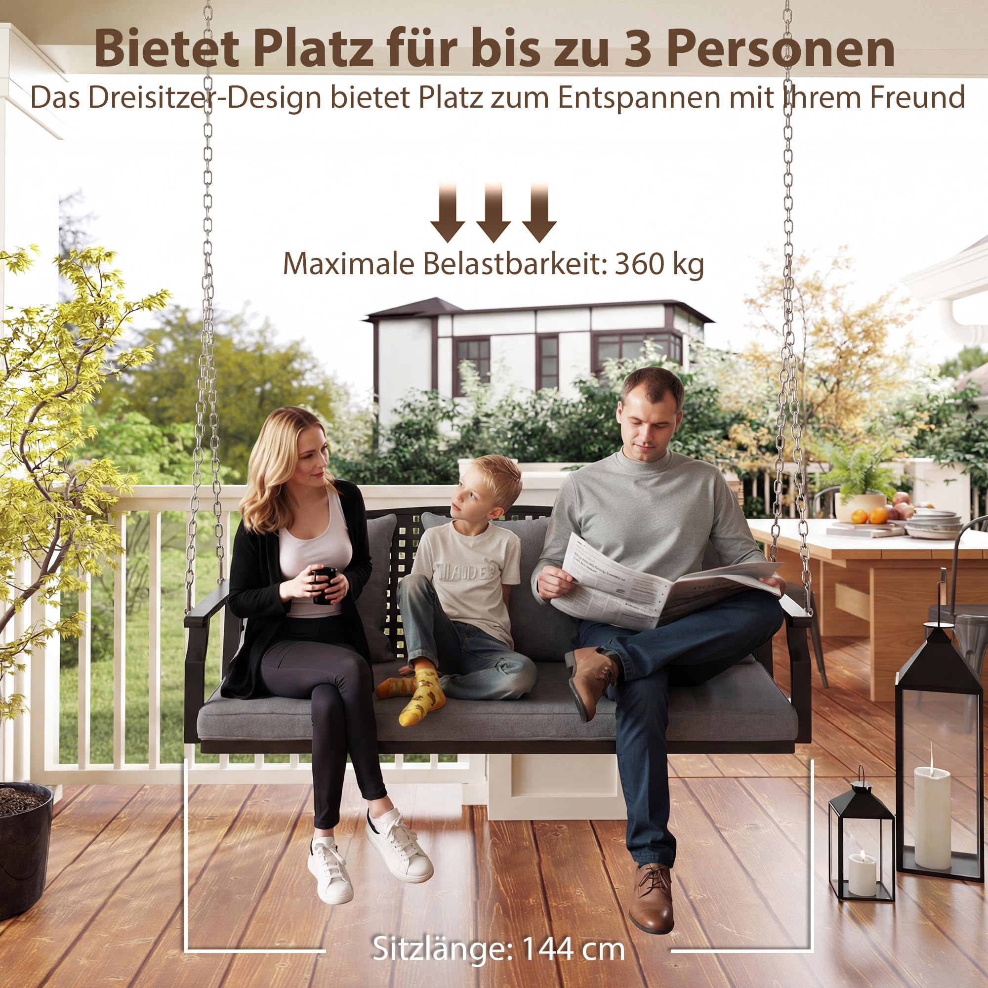 Outsunny Hängebank, 3-Sitzer Schaukelbank mit 3 Rückenkissen, Gartenschaukel aus Stahl zum Aufhängen, bis 360 kg Belastbar, für Balkon, Terrasse, Grau, 154 x 66 x 51 cm