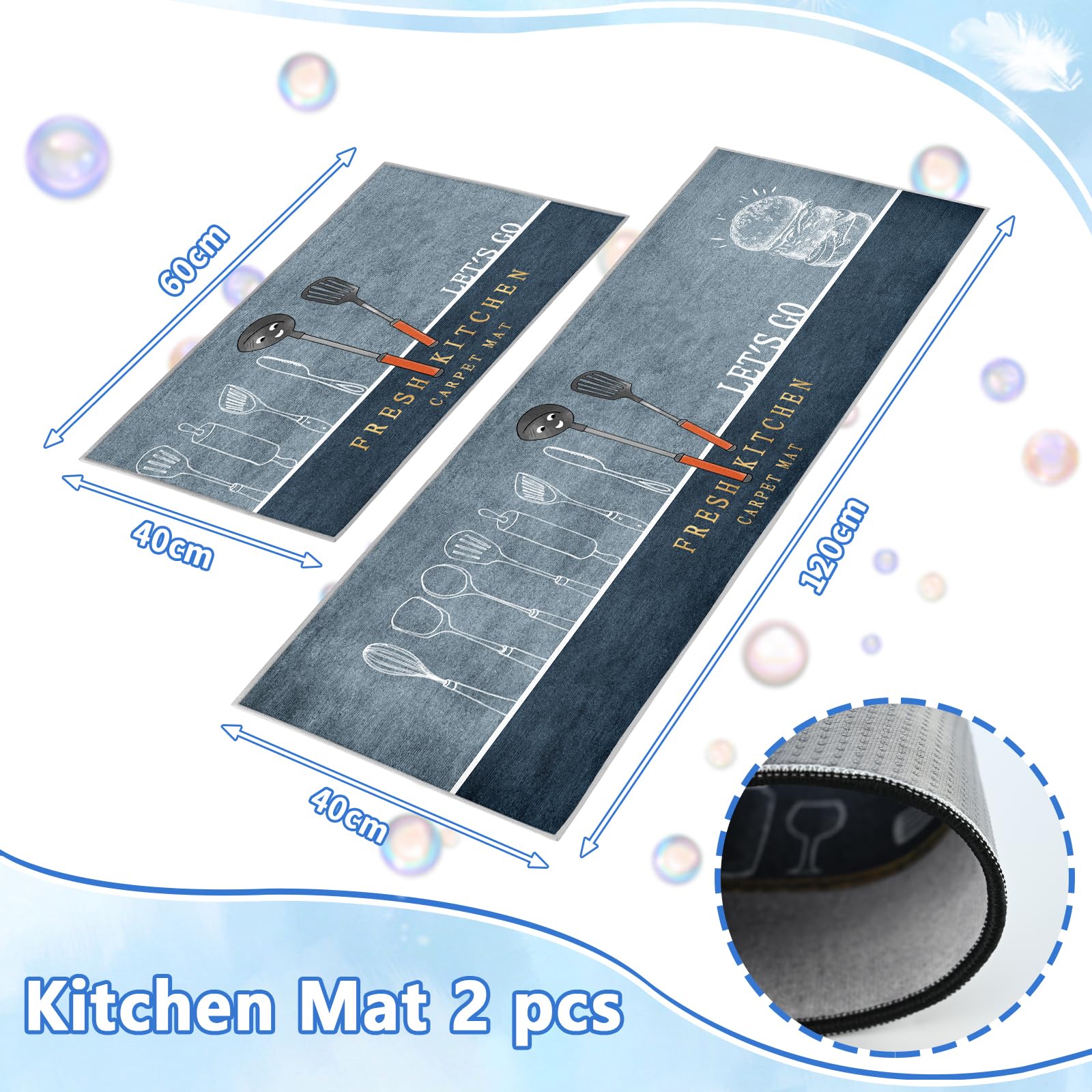 Set di 2 tappeti da cucina antiscivolo, assorbe acqua e olio, resistente alla polvere, tappetino da cucina, tappeto da pavimento per interni (Hamburger, 40 x 60 + 40 x 120 cm)