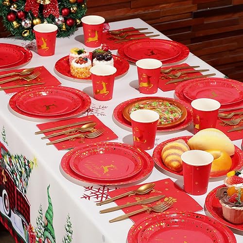 Miniatura 10 de Juego de 175 platos de papel de aluminio para fiesta de Navidad, con diseño de alce, desechables, servilletas, tazas para Año Nuevo, boda,