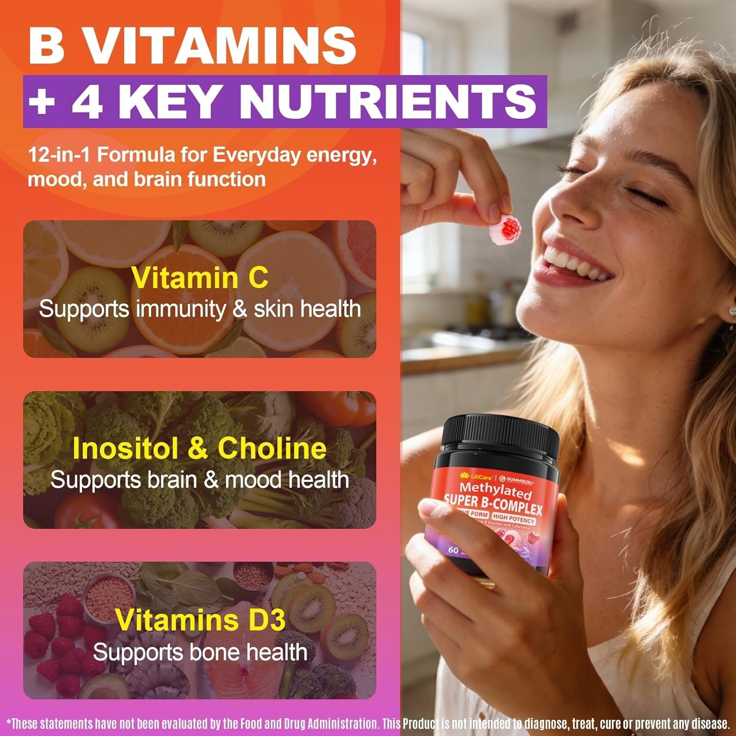 Methylated B Complex Vitamins Gummies, 12-in-1 Formula + Methyl B12 1000 mcg, 5-MTHF Methylfolate, Inositol, Choline, Vitamin C, D3, Multivitamin B Complex for Women & Men, Energy, Focus, 60cts