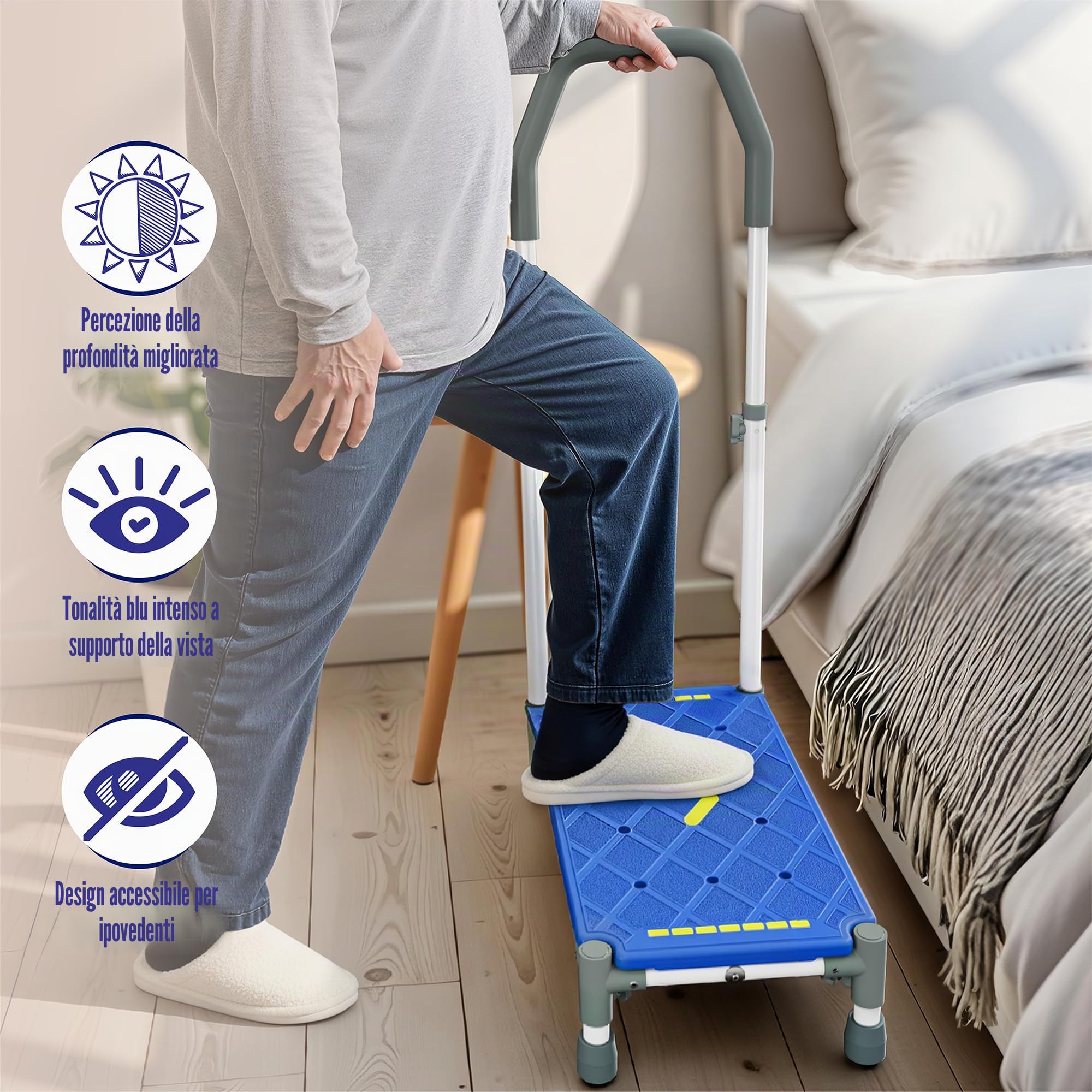 Sgabello Gradino con Pedata 55 cm – Braccioli regolabili in altezza,portata 225 kg,strisce luminescenti e antiscivolo –Ideale per letti alti,camper,cucina,bagno e anziani