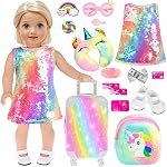 ebuddy 18 inch Doll Clothes and Accessories - Sparkling Dress with Colorful Travel Suitcase Backpack Playset Including Dress, Shoes, Suitcase, Backpack, Glasses,Tikects (No Doll)