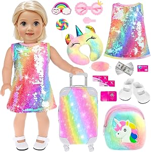 ebuddy 18 inch Doll Clothes and Accessories - Sparkling Dress with Colorful Travel Suitcase Backpack Playset Including Dress, Shoes, Suitcase, Backpack, Glasses,Tikects (No Doll)