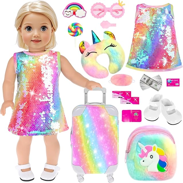 Ebuddy 18 inch Poupées et accessoires - Robe pétillante avec sac à dos de voyage coloré avec robe, chaussures, valise, sac à main, lunettes, accessoires (pas de poupée)
