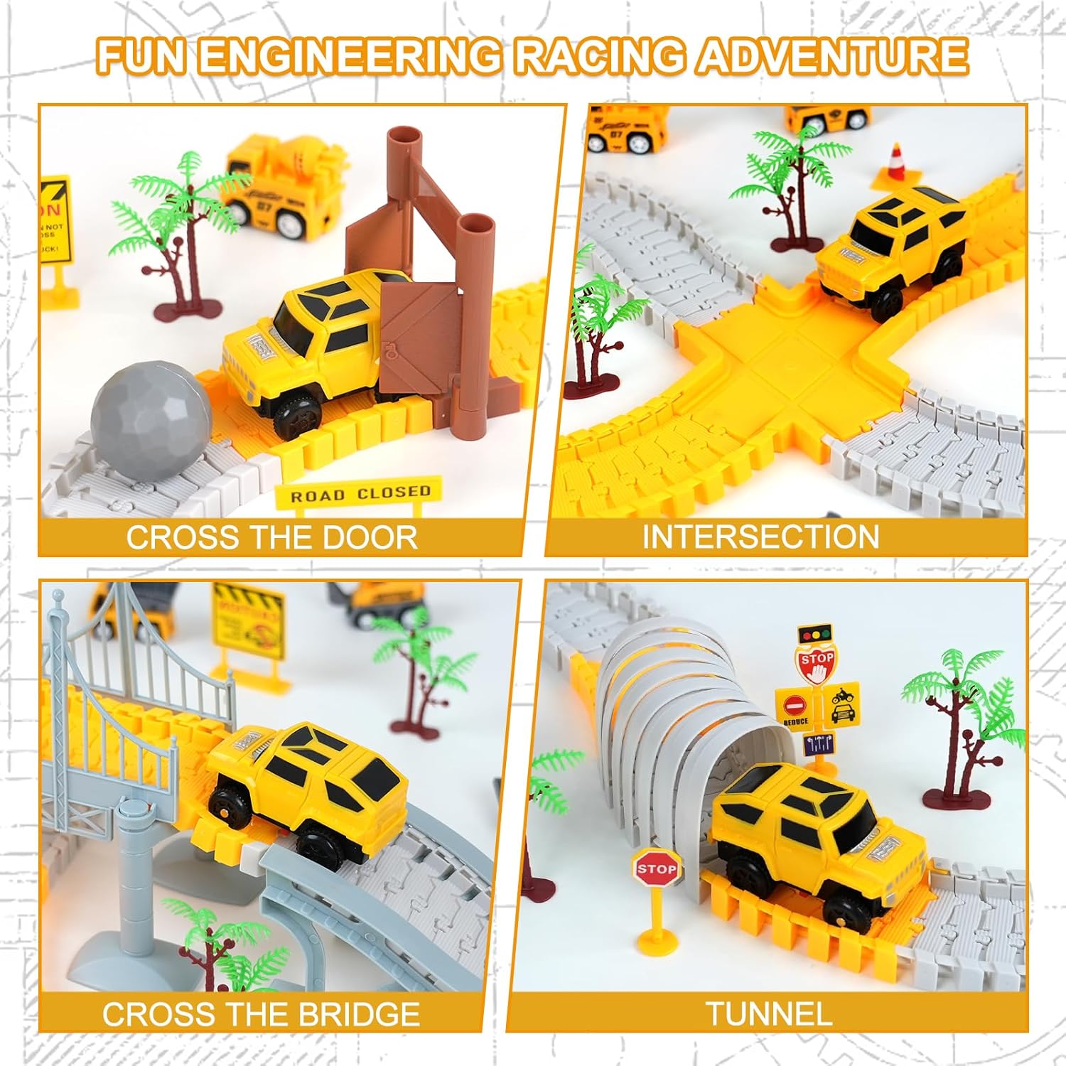 Construction Race Tracks Toys for Kids - 330+ PCS Track Play Set with Cars and Construction Trucks, Best Birthday Gifts for 3 4 5 6 7 Year Old Boys, Flexible DIY Engineering Building Set