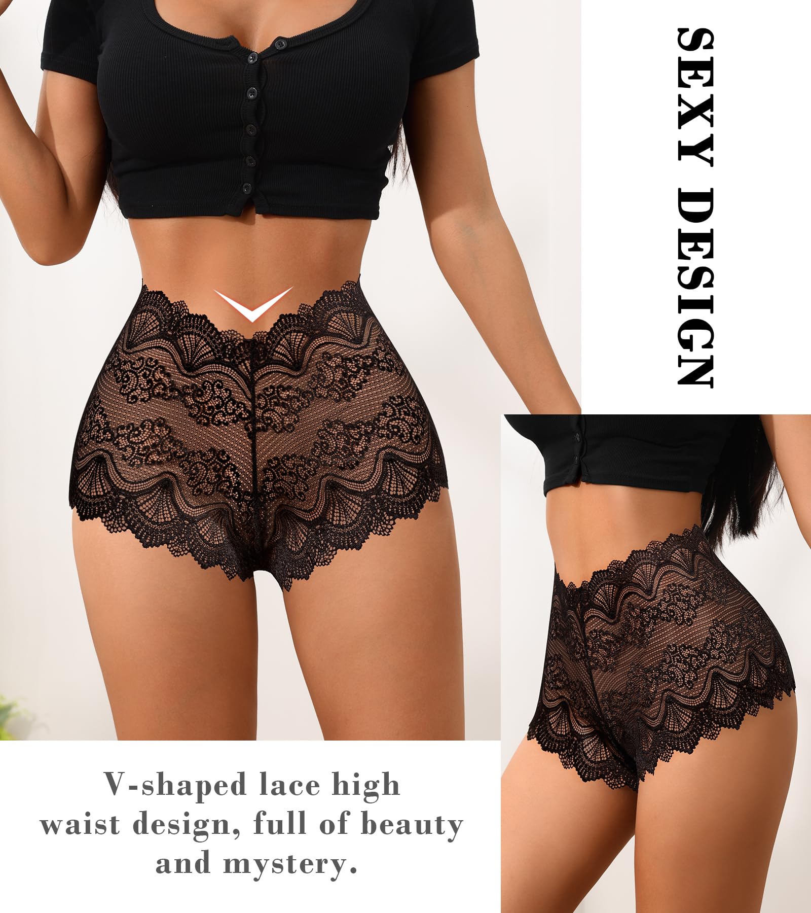 ASIMOON Sexy Women's Underwear Soft Lace Cheeky Panties Lightweight High Waist Bikini Underwear for Women 3Pack: Small Black, 5pack