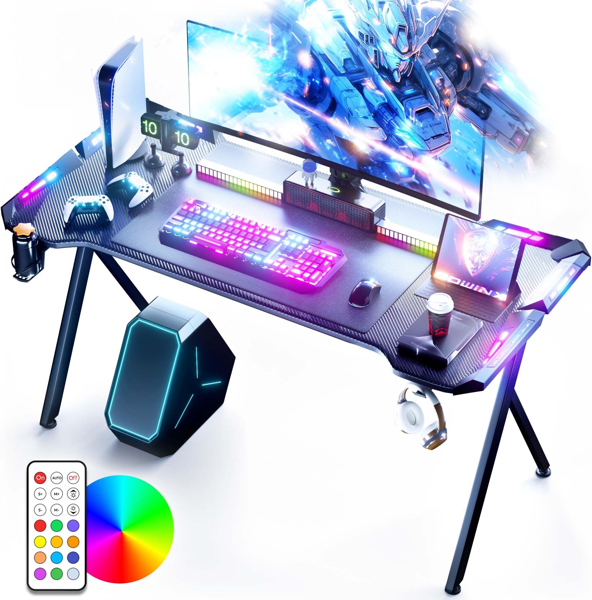 Dowinx Gaming Desk with LED Lights, RGB Gaming Computer Table with Carbon Fibre Surface, LED Home Office Desk with Remote Control, Pc Workstation with Cup Holder and Headphone Hook, 47 Iinch，Black
