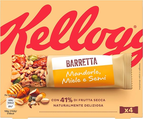 Kellogg's Barretta | Gusto Mandorle, Miele e Semi | Ricca di Fibre e con 41% di Frutta Secca | 4 barrette da 32g (Confezione da 128g) - 1
