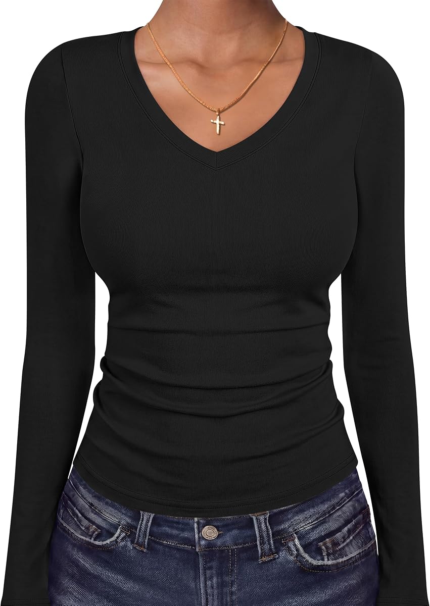 ANRABESS Womens Long Sleeve Shirts Thermal V Neck Tops | Soft Stretchy Undershirt,Underscrubs Base Layer,Slim Fit Tee, Basic Winter Clothes, Daily Work Office, Casual Fall Wear