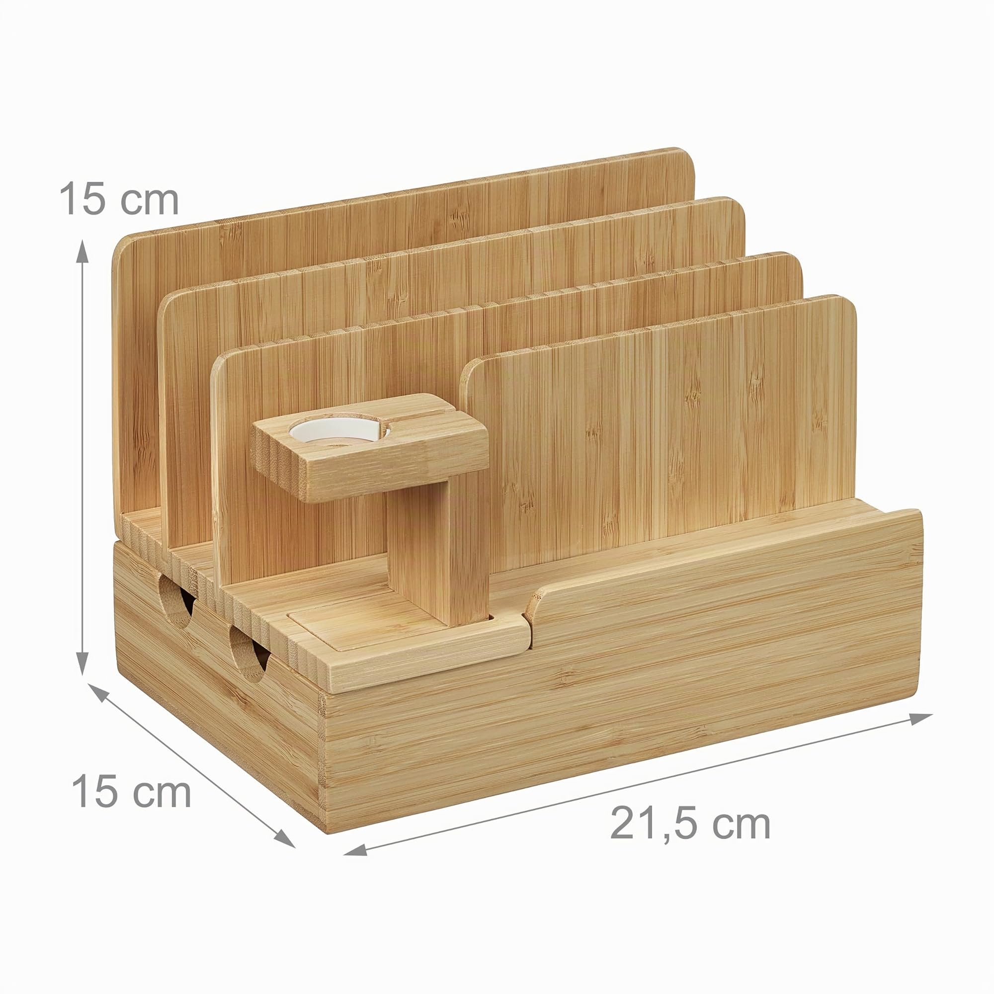 Relaxdays Stazione di Ricarica Multipla, Docking Station per Apple Watch, Tablet e Smartphone, 15x21,5x15 cm, Naturale