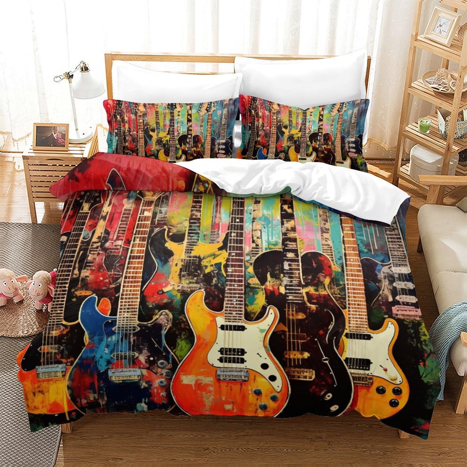 Parure de lit guitare 3D pour chambre d'ado fan de musique rock