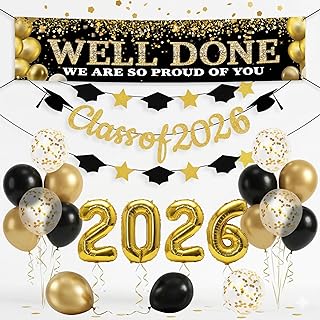 2026 Graduation Decorations Banner Balloons Set, Class of 2026 Black and Gold Party Decorations with 32in 2026 Balloon Latex Balloons Star Cap Garland Banner for College High School Grad Party Decor