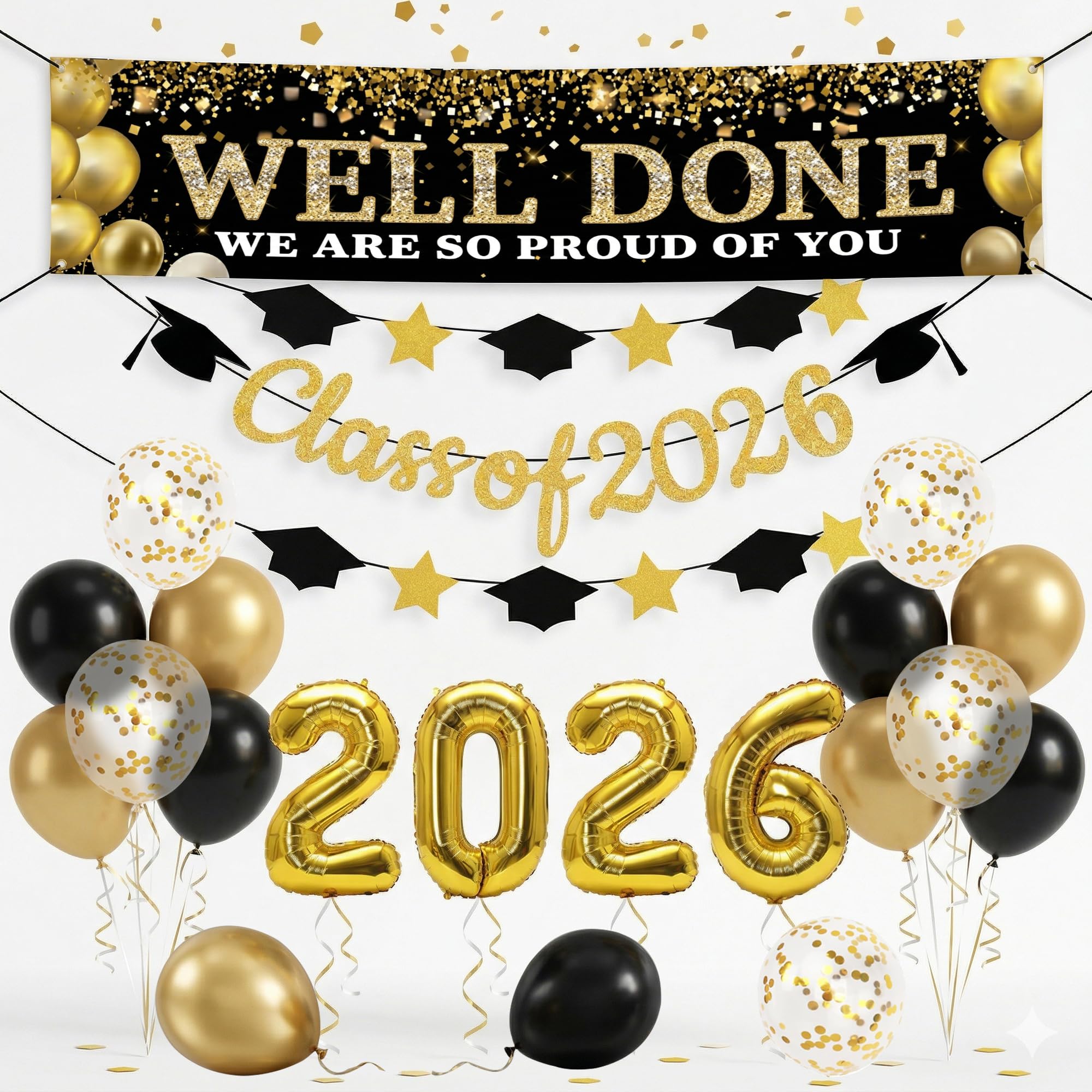 2026 Graduation Decorations Banner Balloons Set, Class of 2026 Black and Gold Party Decorations with 32in 2026 Balloon Latex Balloons Star Cap Garland Banner for College High School Grad Party Decor
